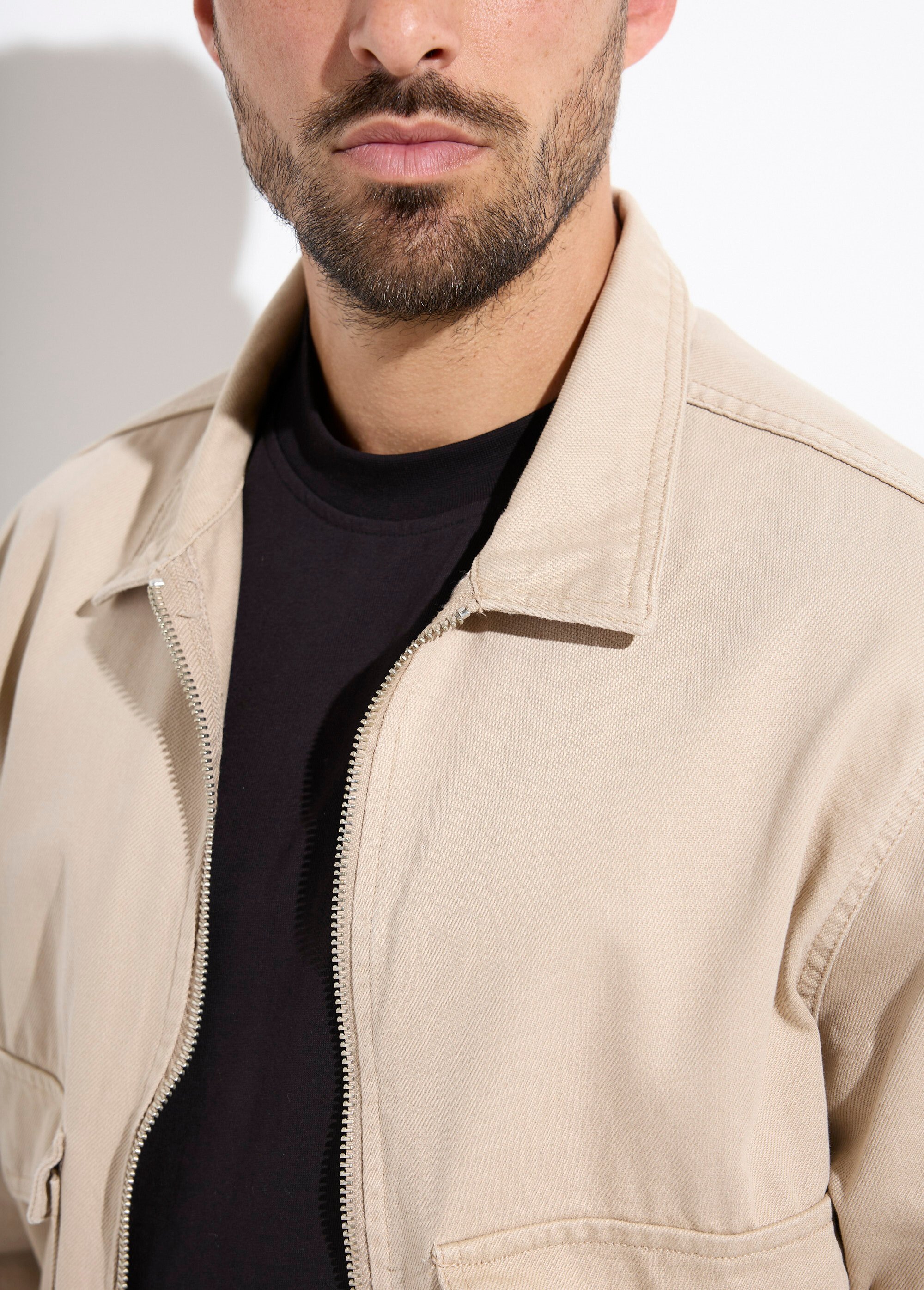 Veste en jean zippée détails élastiqués Homme Beige IKAVEST546-2018 DE1