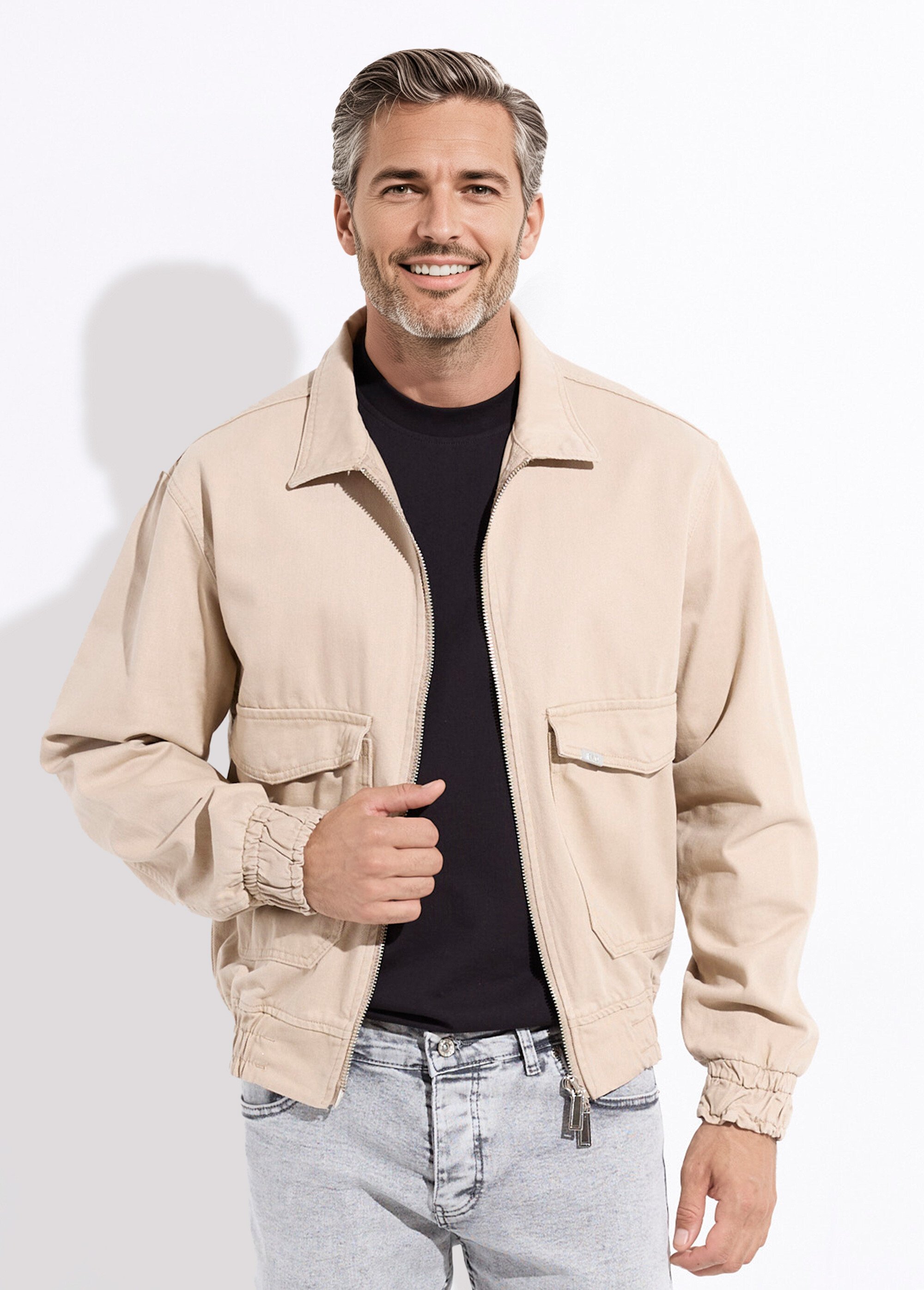 Veste en jean zippée détails élastiqués Homme Beige IKAVEST546-2018 FA1