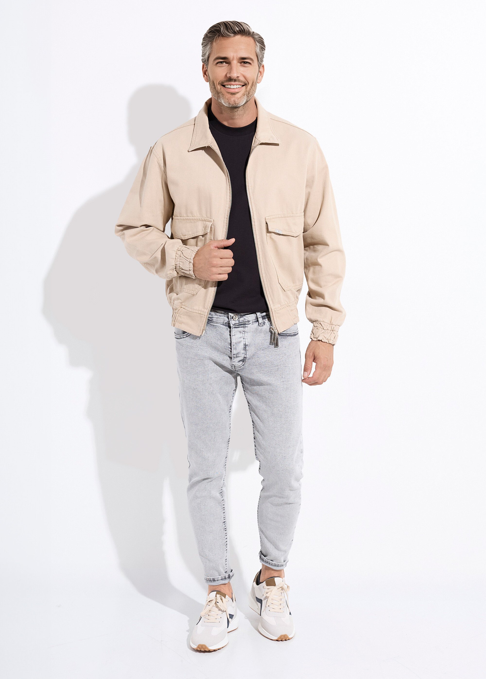Veste en jean zippée détails élastiqués Homme Beige IKAVEST546-2018 SF1
