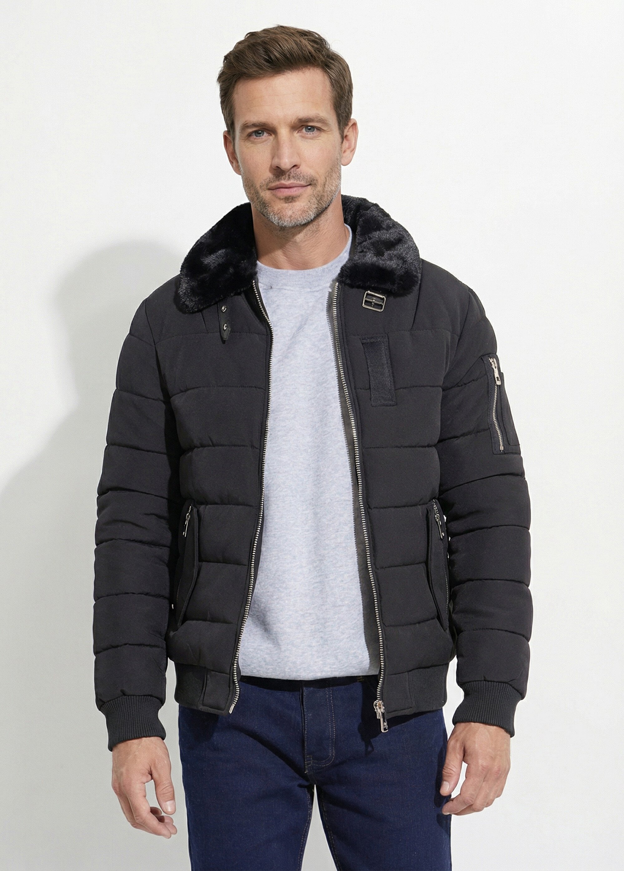 Doudoune col fourrure, détails métal Homme Noir KYM271 FA1
