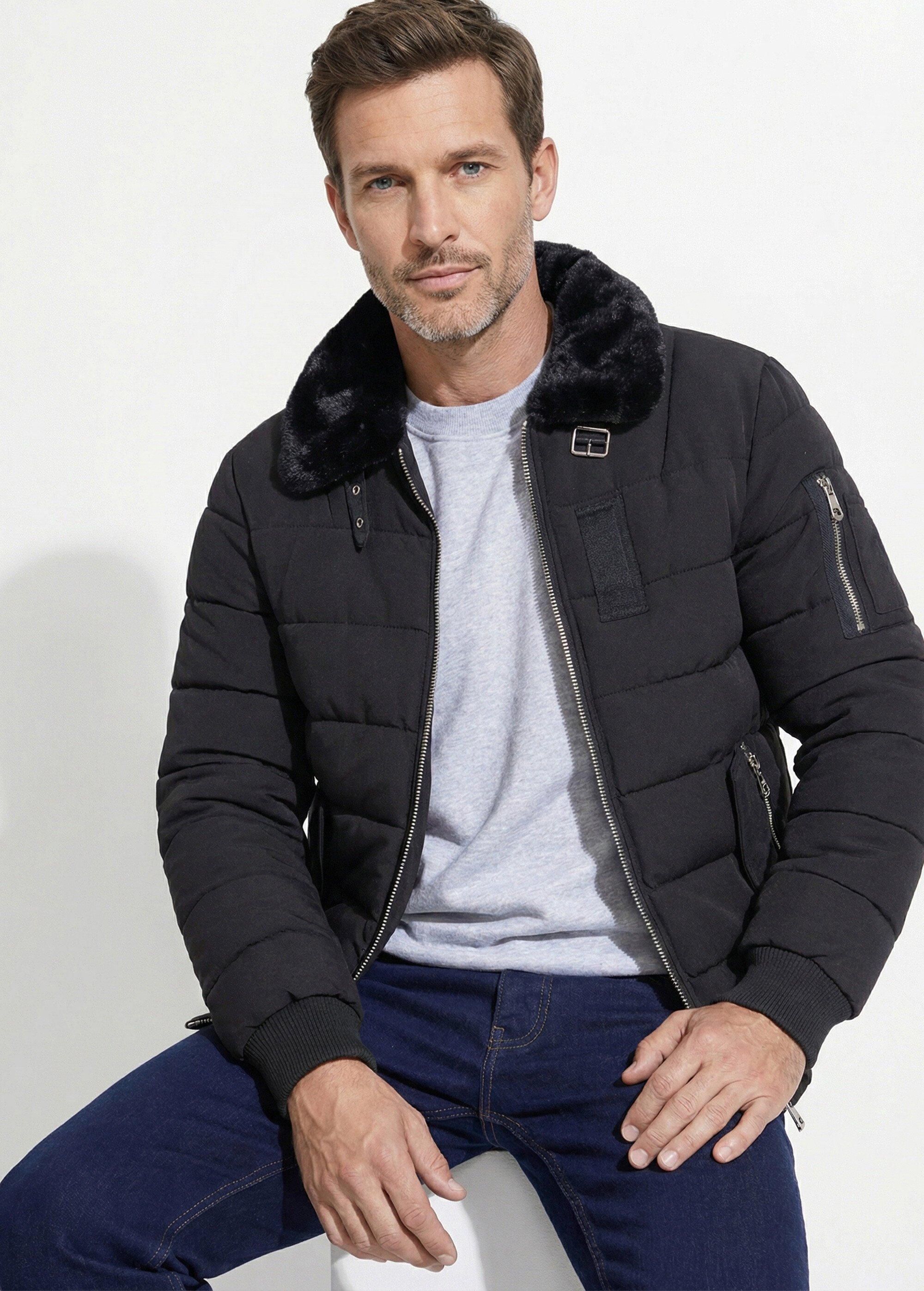 Doudoune col fourrure, détails métal Homme Noir KYM271 MV1