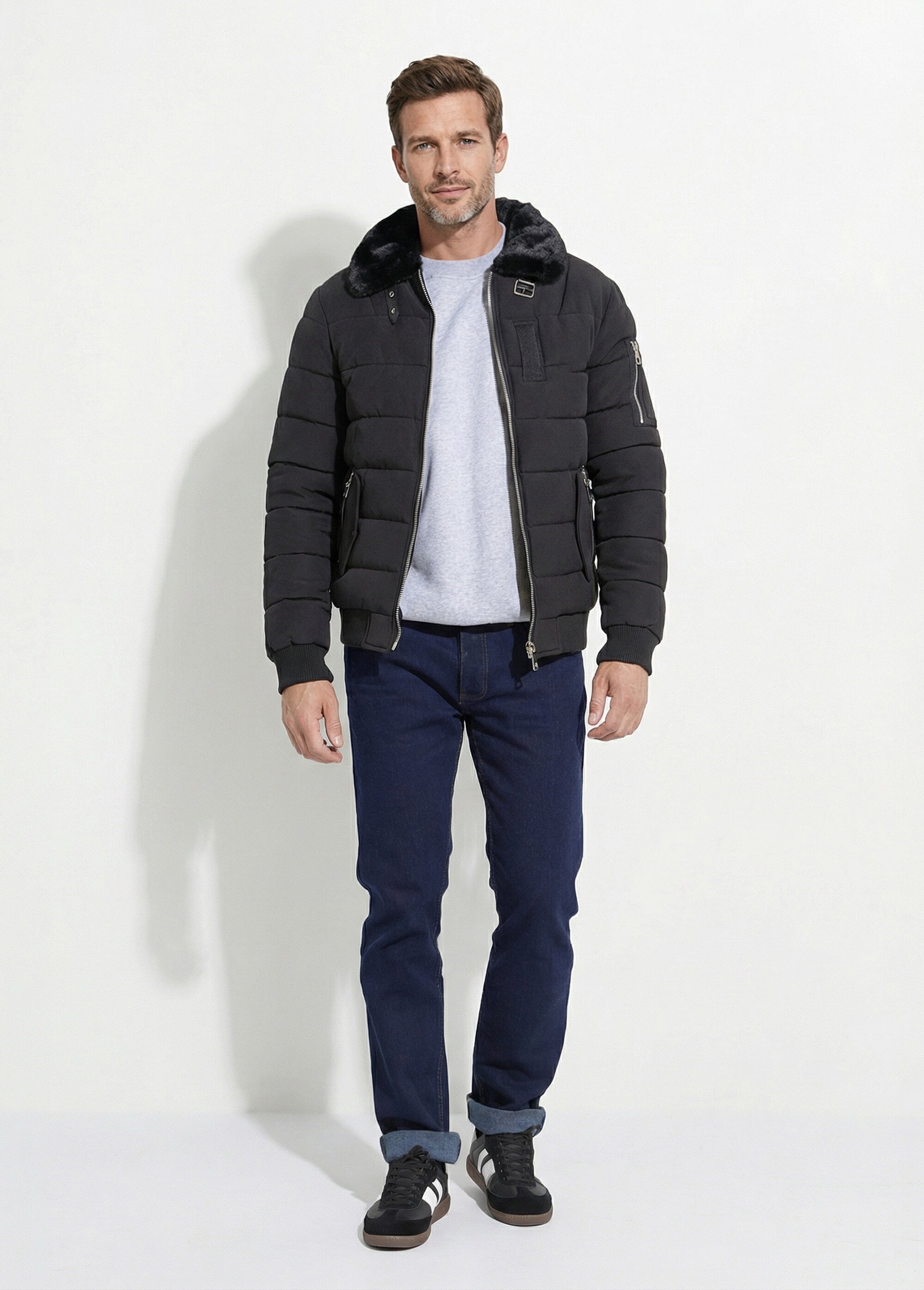 Doudoune col fourrure, détails métal Homme Noir KYM271 SI1