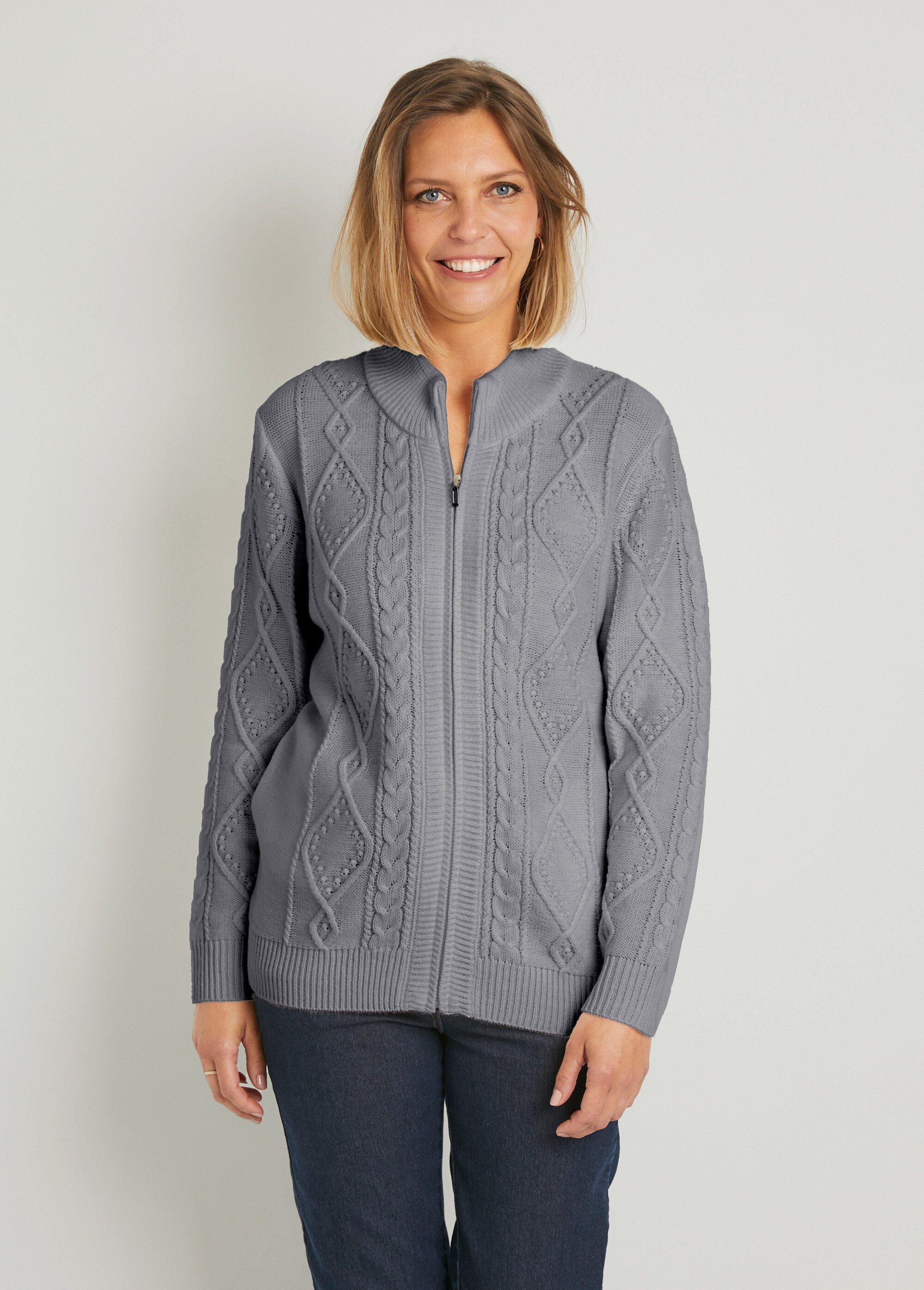 Gilet zippé chaud col montant torsades Femme Gris PALEY FA1