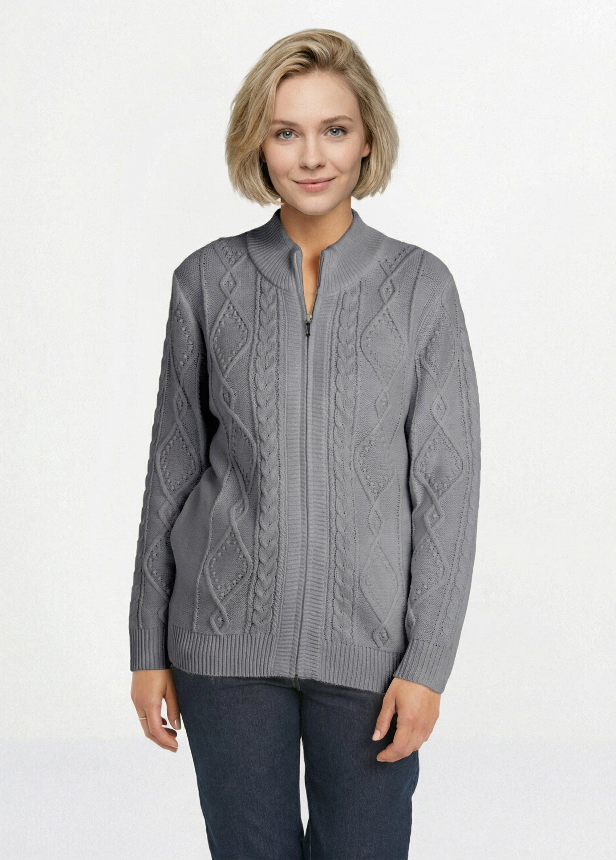 Gilet zippé chaud col montant torsades Femme Gris PALEY FA1