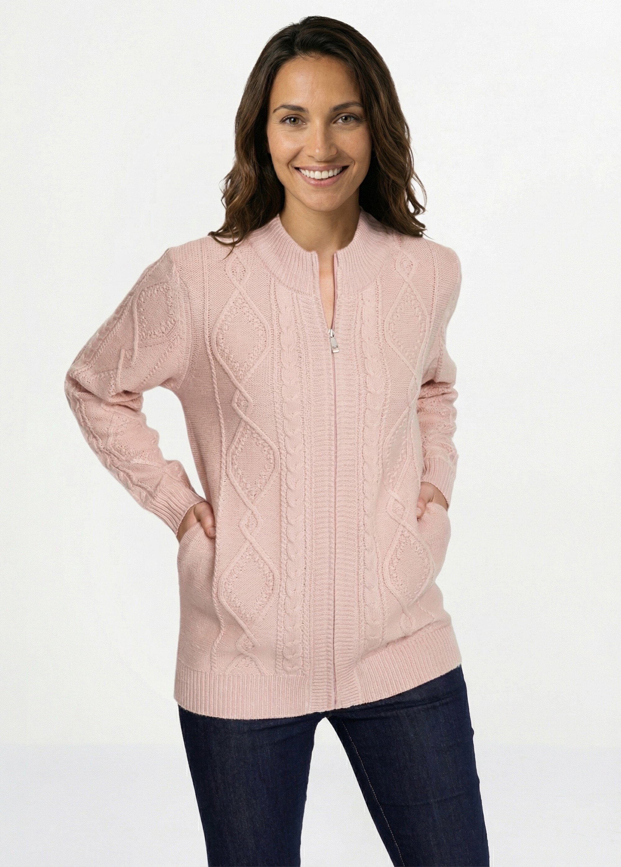 Gilet zippé chaud col montant torsades Femme Rose PALEY MV1
