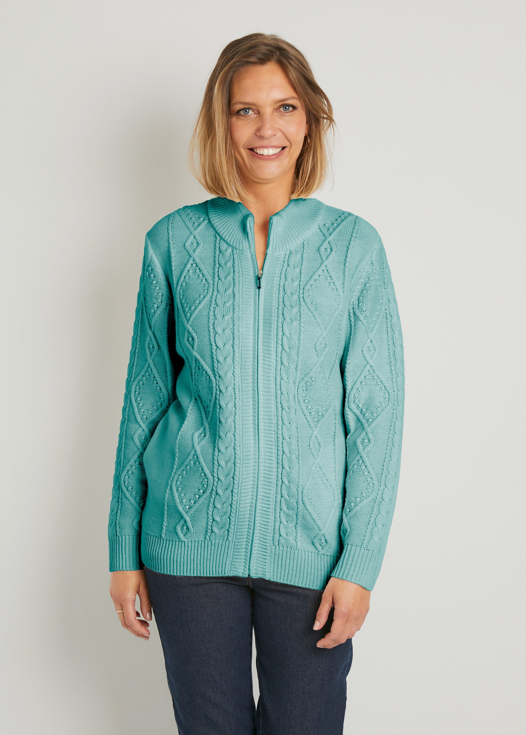 Gilet zippé chaud col montant torsades Femme Vert PALEY FA1