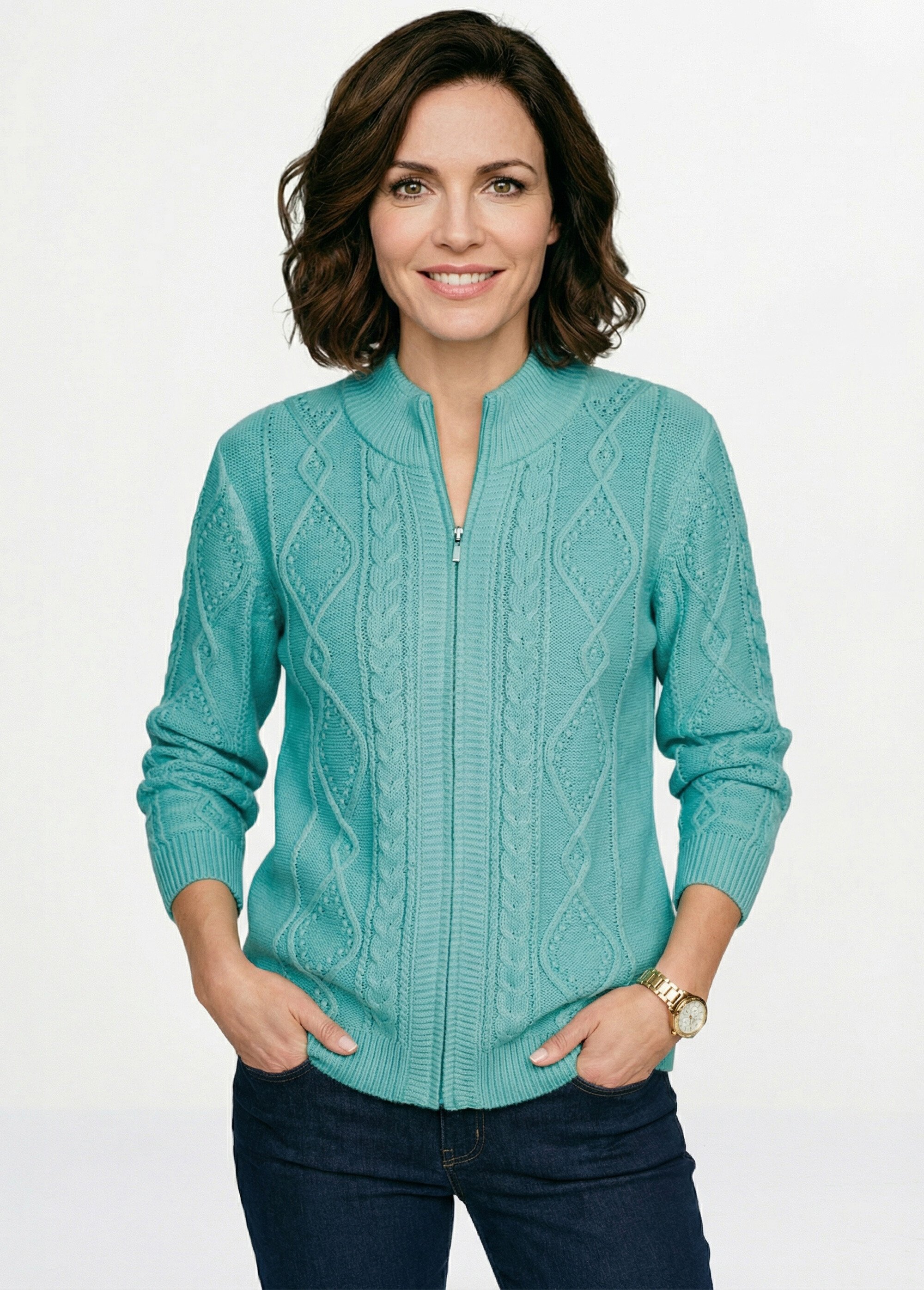 Gilet zippé chaud col montant torsades