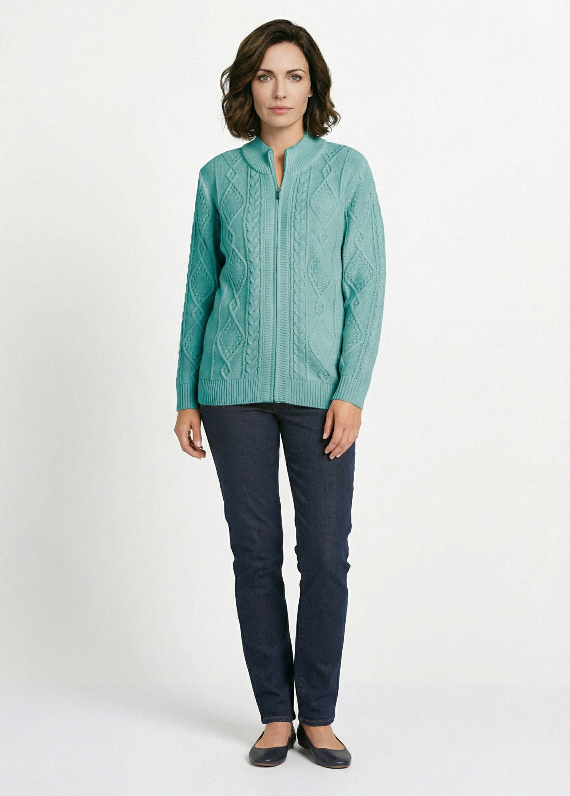 Gilet zippé chaud col montant torsades Femme Vert PALEY SI1