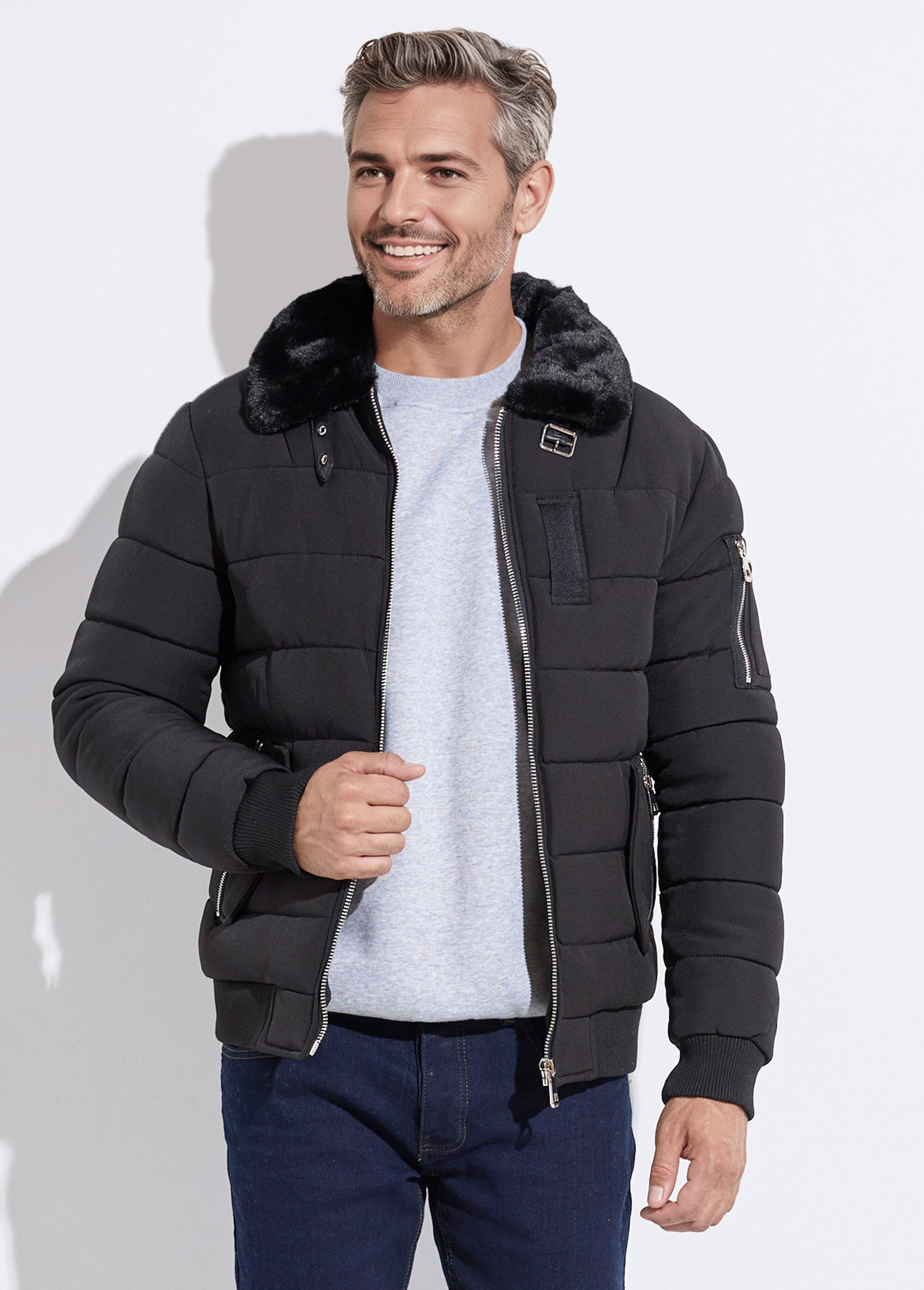 Doudoune col fourrure, détails métal Homme Noir KYM271 FA1