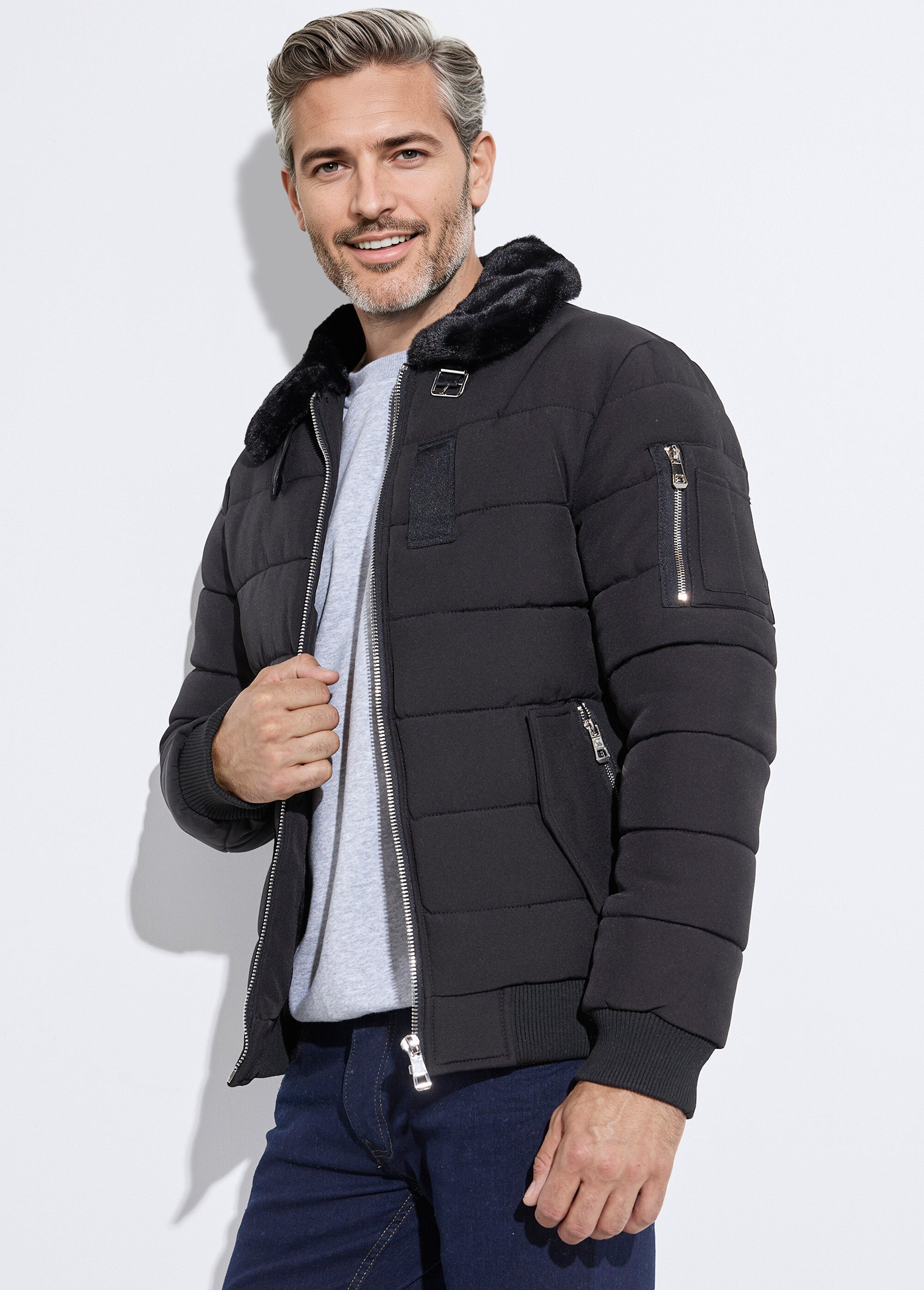 Doudoune col fourrure, détails métal Homme Noir KYM271 MV1