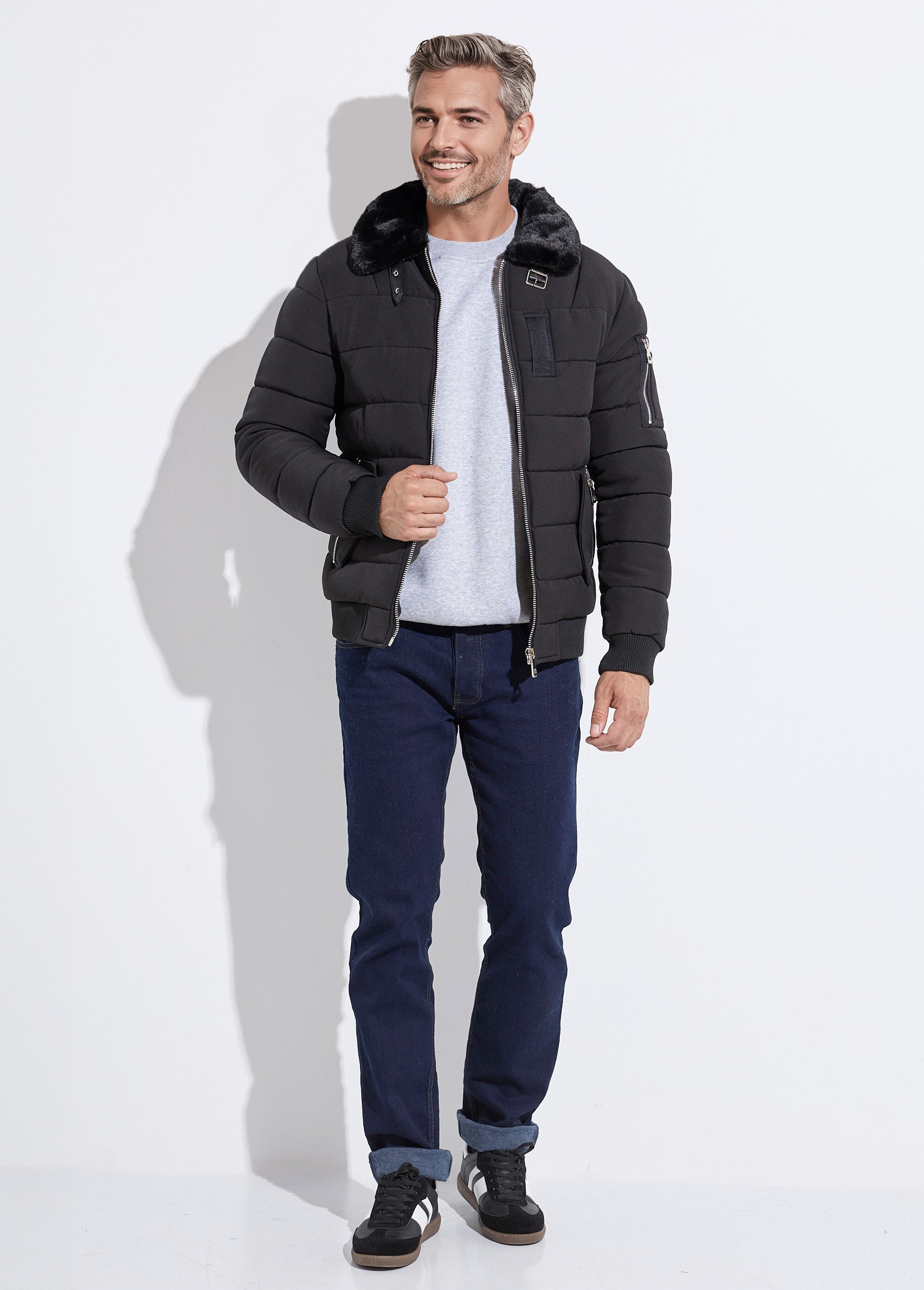 Doudoune col fourrure, détails métal Homme Noir KYM271 SF1