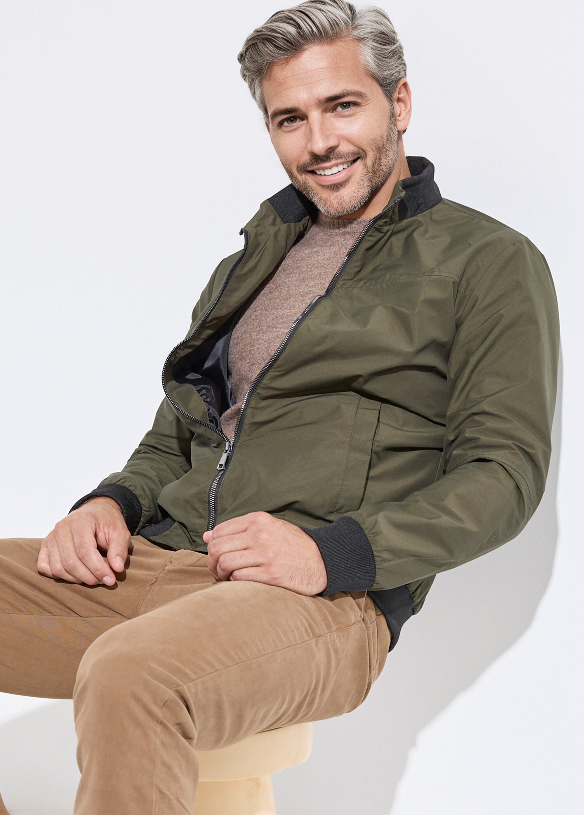 Veste aviateur zippée légère, col montant Homme Vert KYM5164 MV1