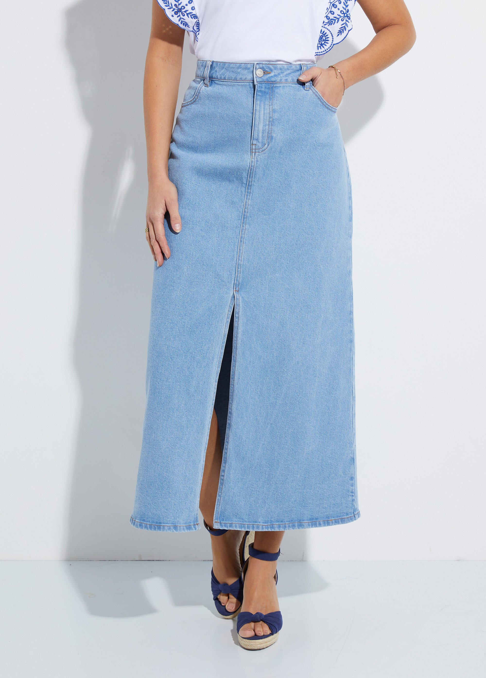 Jupe droite longue en jean 4 poches Femme BLEACHED LEANE FA1