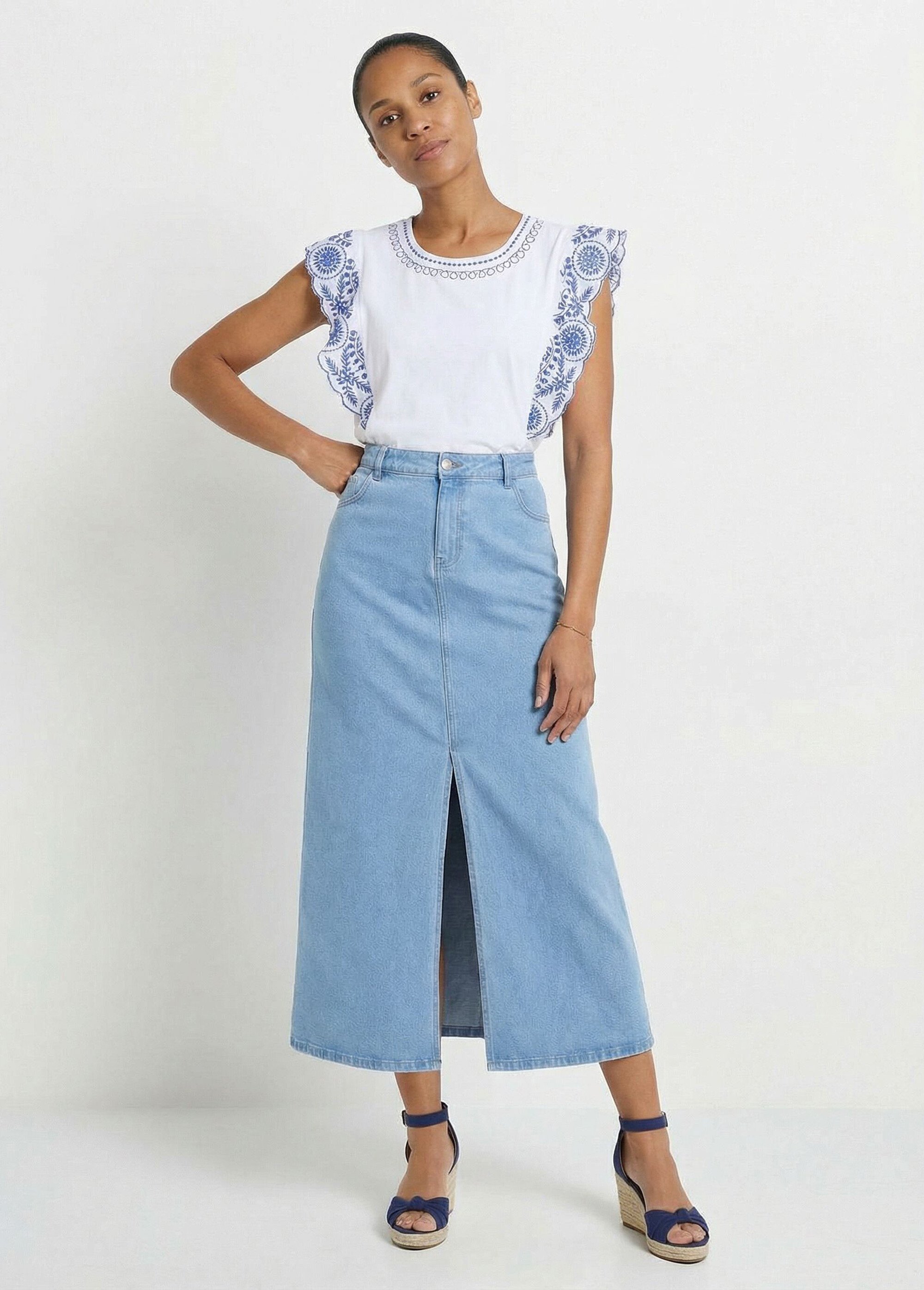 Jupe droite longue en jean 4 poches