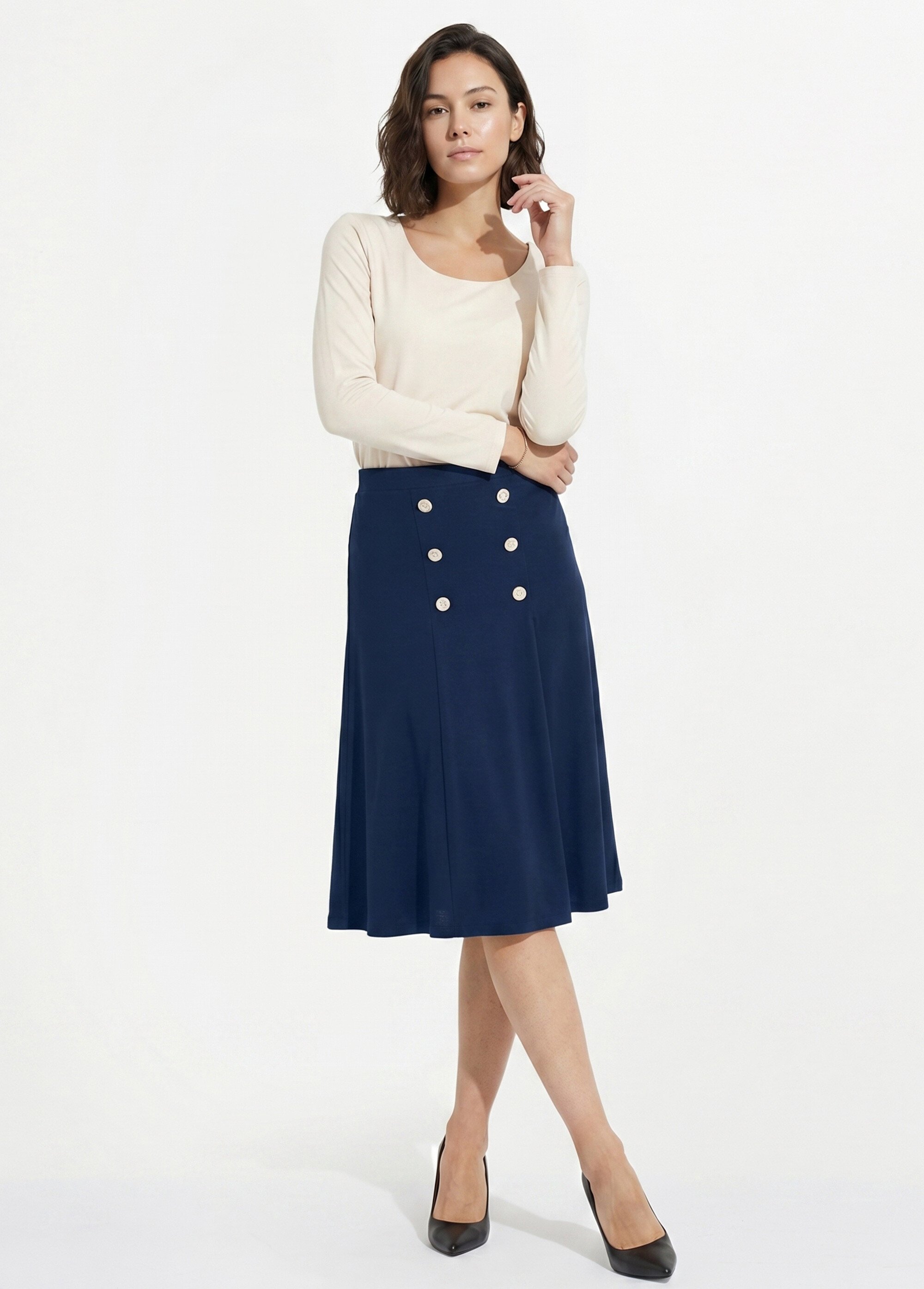 Jupe évasée mi longue maille unie à pont