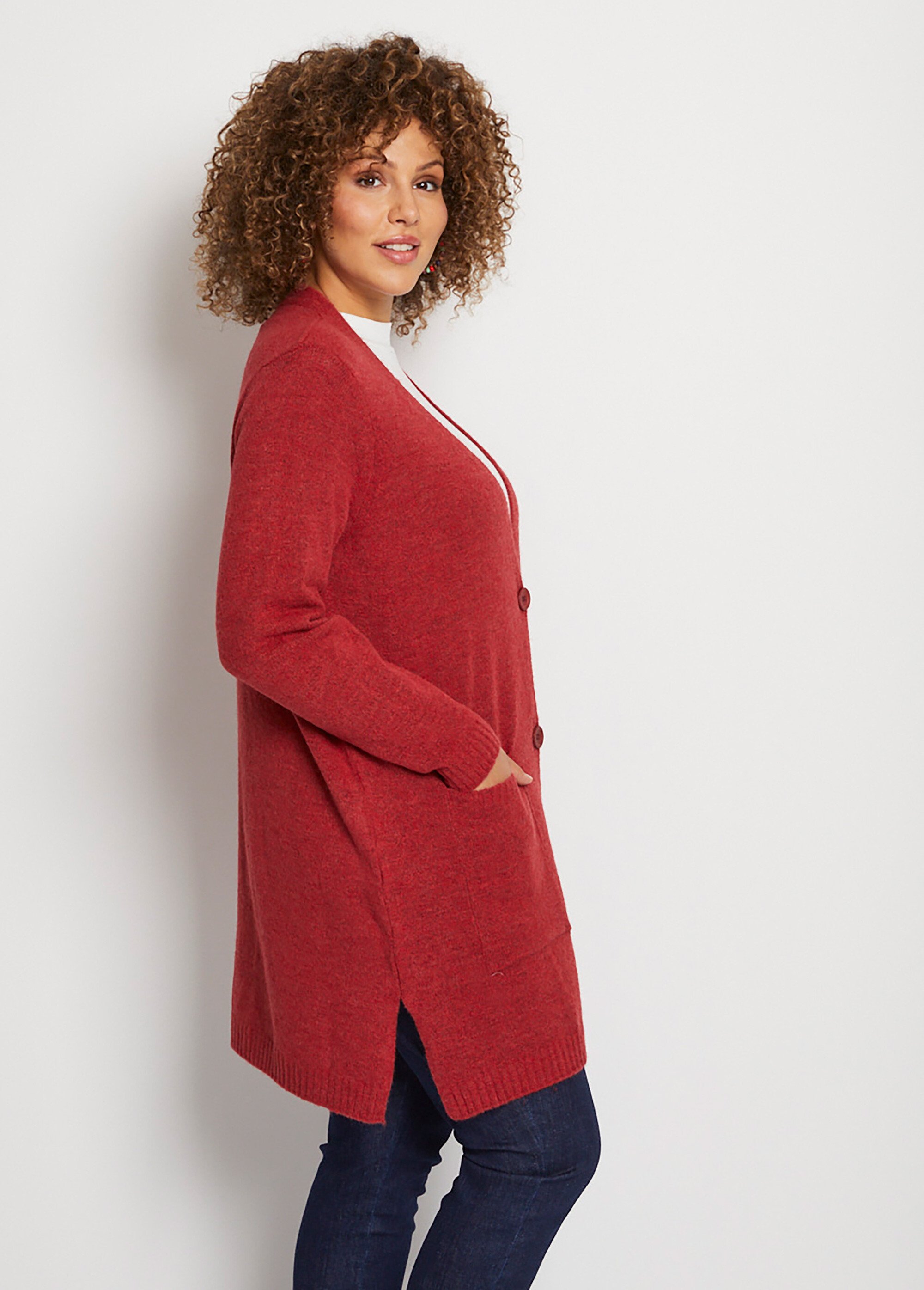 Long gilet boutonné maille mousseuse unie Femme Grande Taille Rouge PAFIO DR1