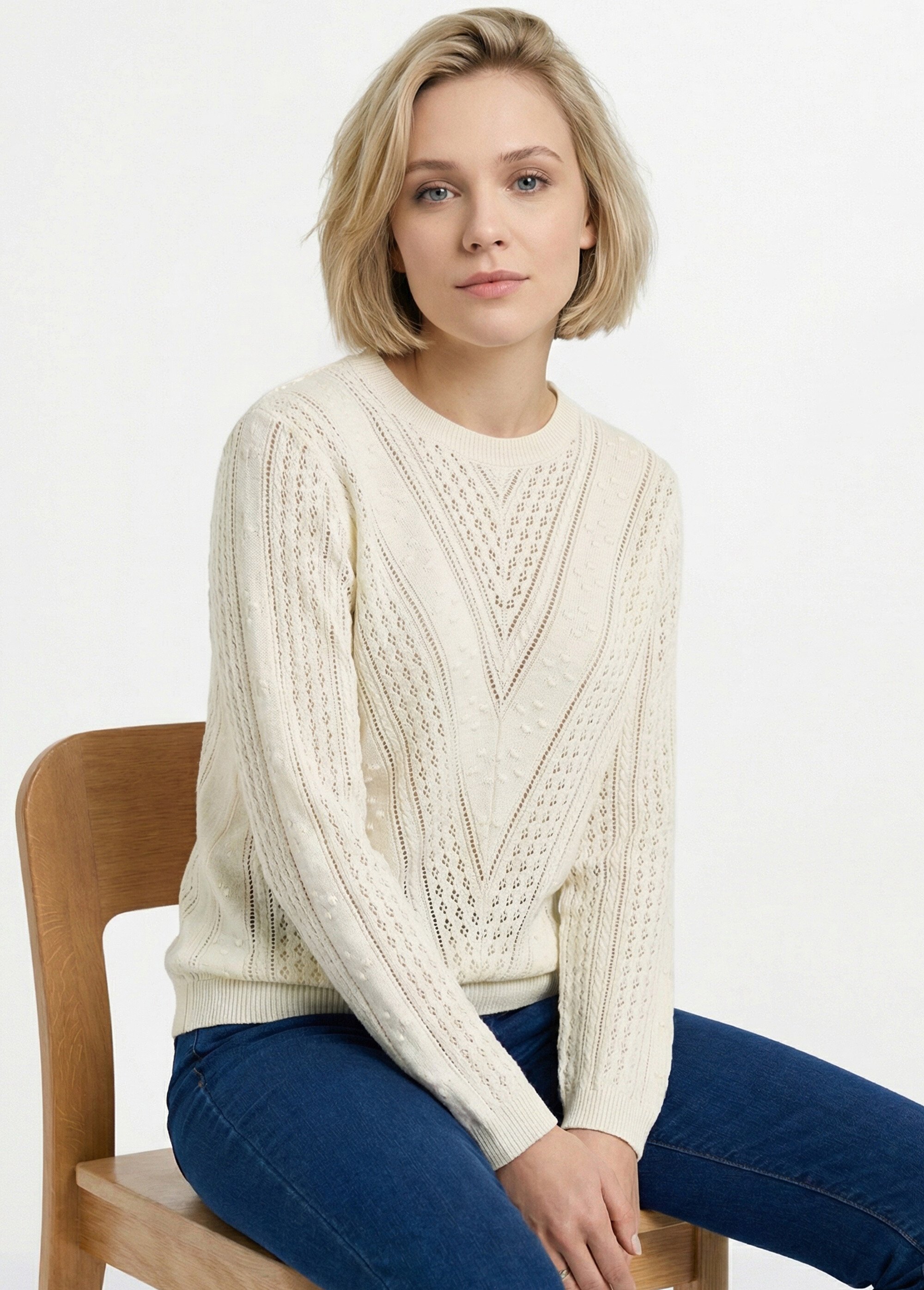 Pull col rond maille ajourée et boules Femme Beige PACOTILLE MV1