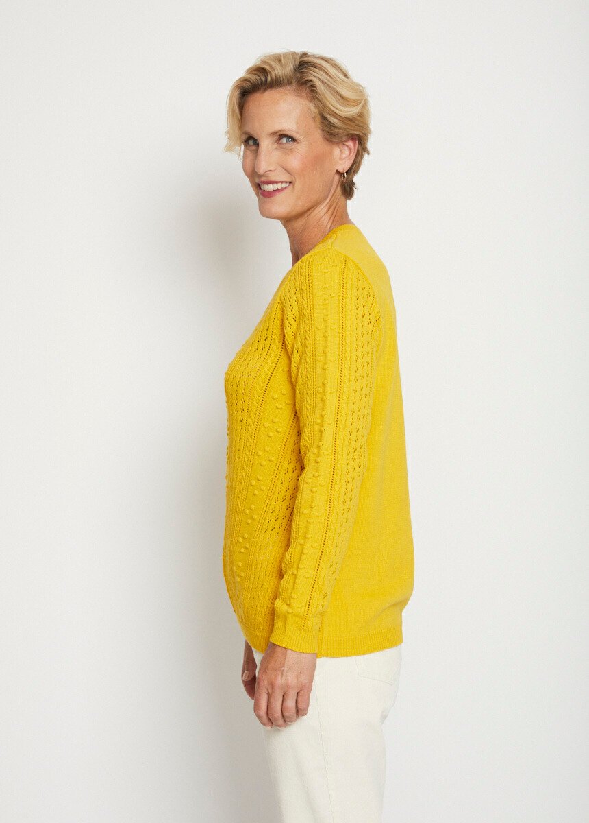 Pull col rond maille ajourée et boules Femme Jaune PACOTILLE DR1