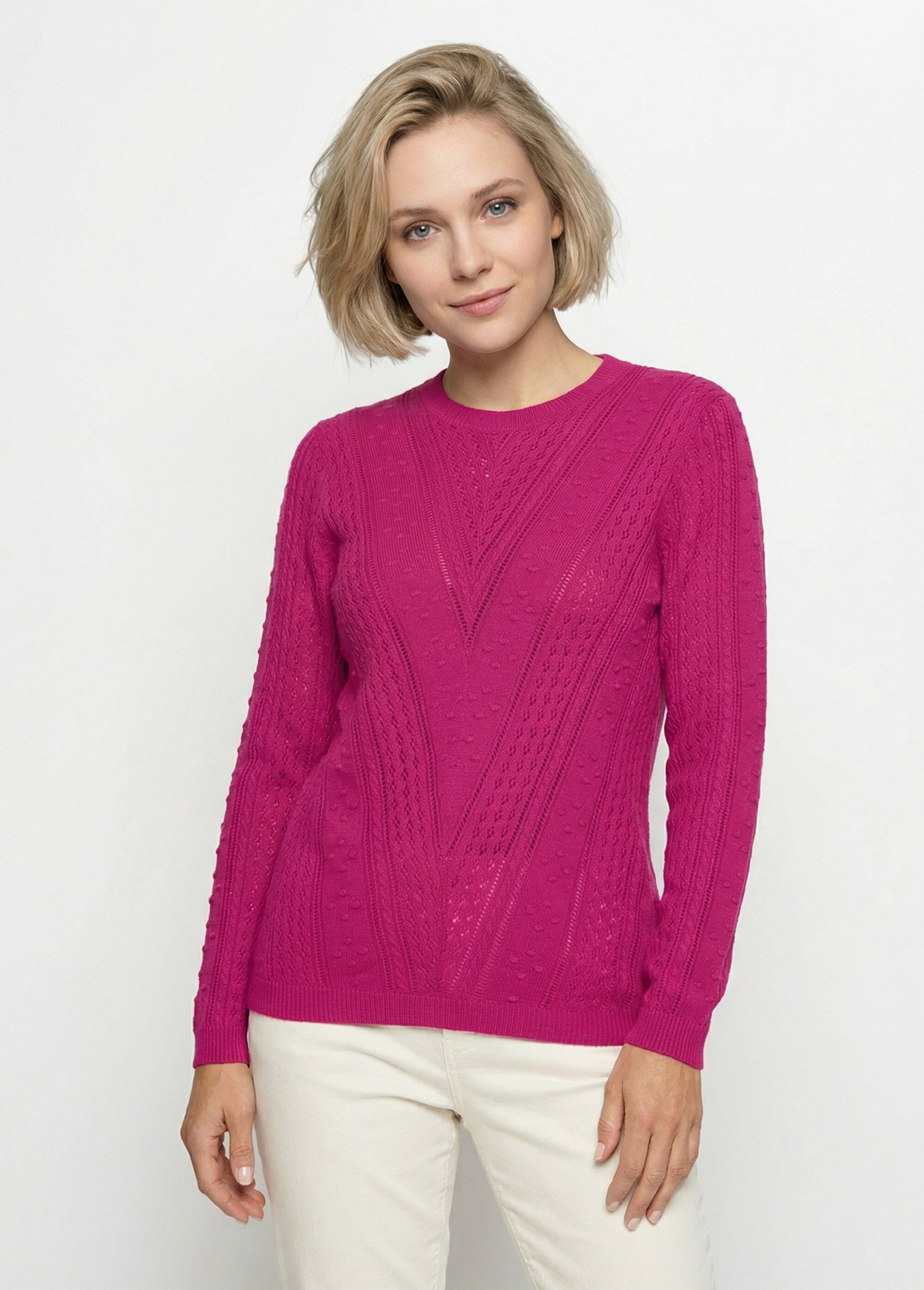 Pull col rond maille ajourée et boules Femme Rose PACOTILLE FA1