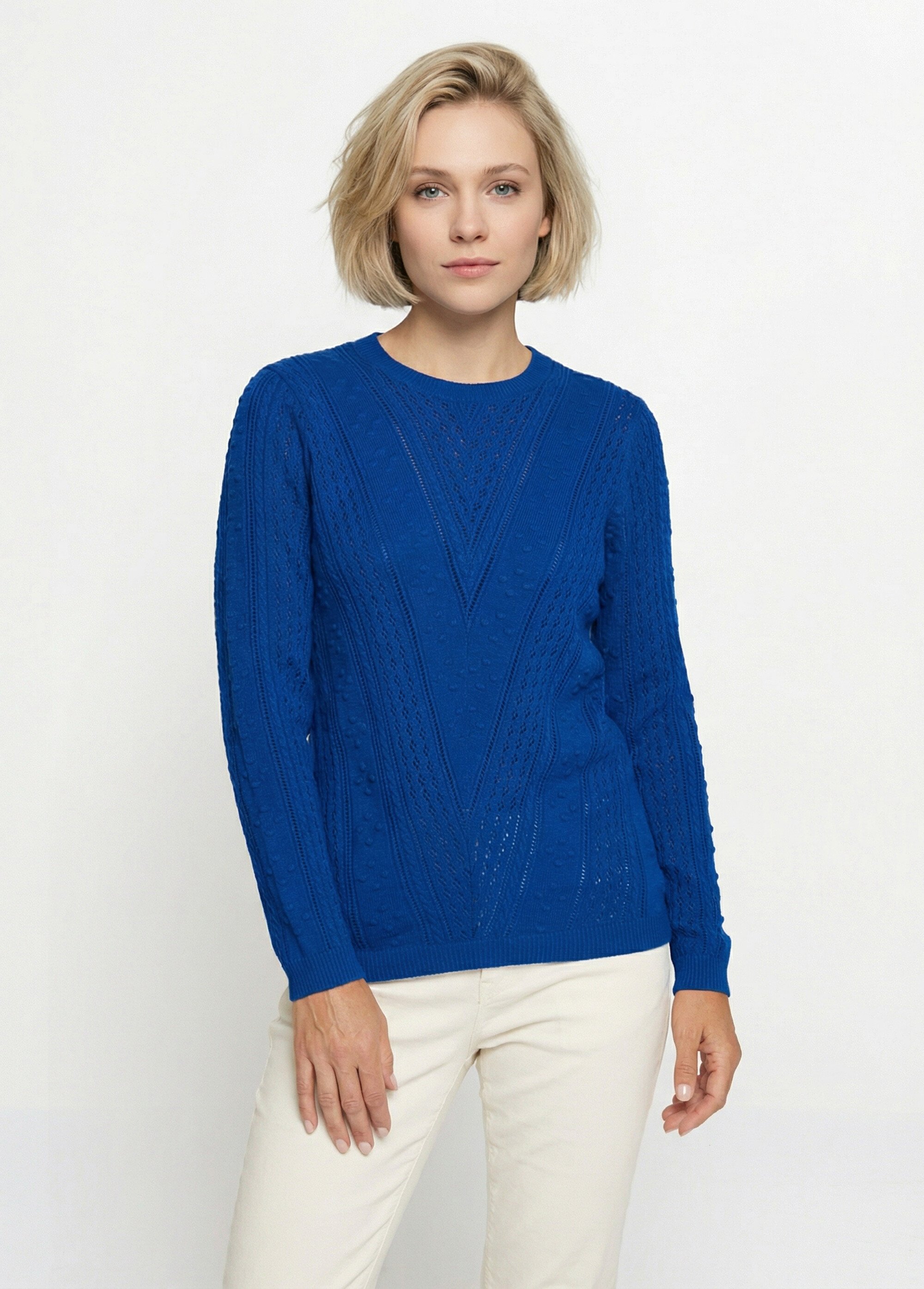 Pull col rond maille ajourée et boules Femme Bleu PACOTILLE FA1