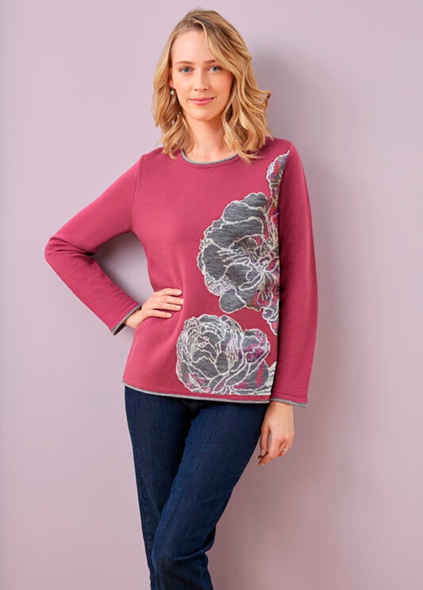 Pull jacquard floral col rond avec laine