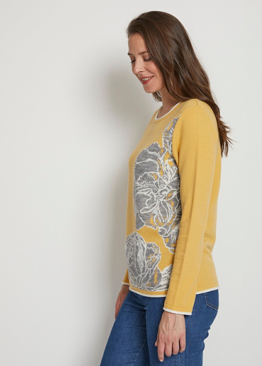 Pull jacquard floral col rond avec laine Femme Jaune PATURAGE DR1