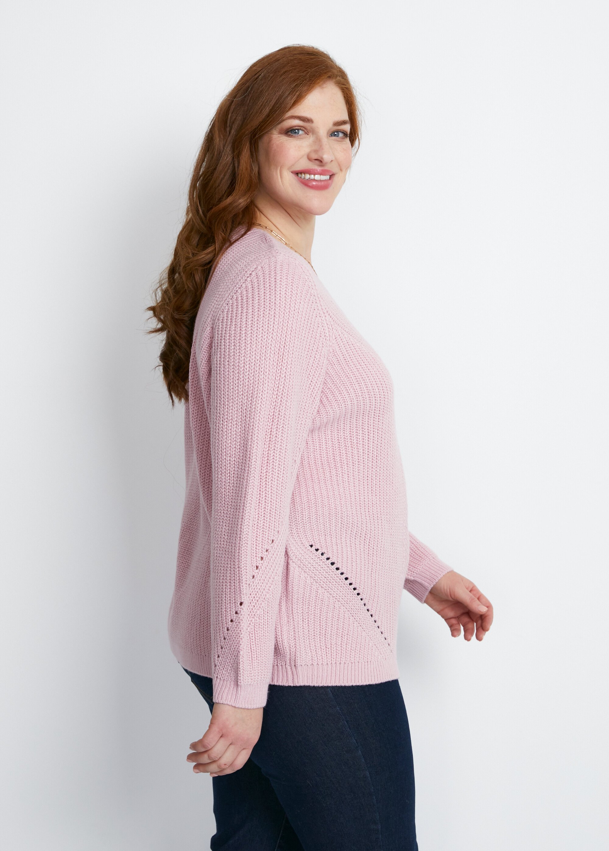 Pull maille perlée et ajourée col V Femme Grande Taille Rose PAGNOZ DR1