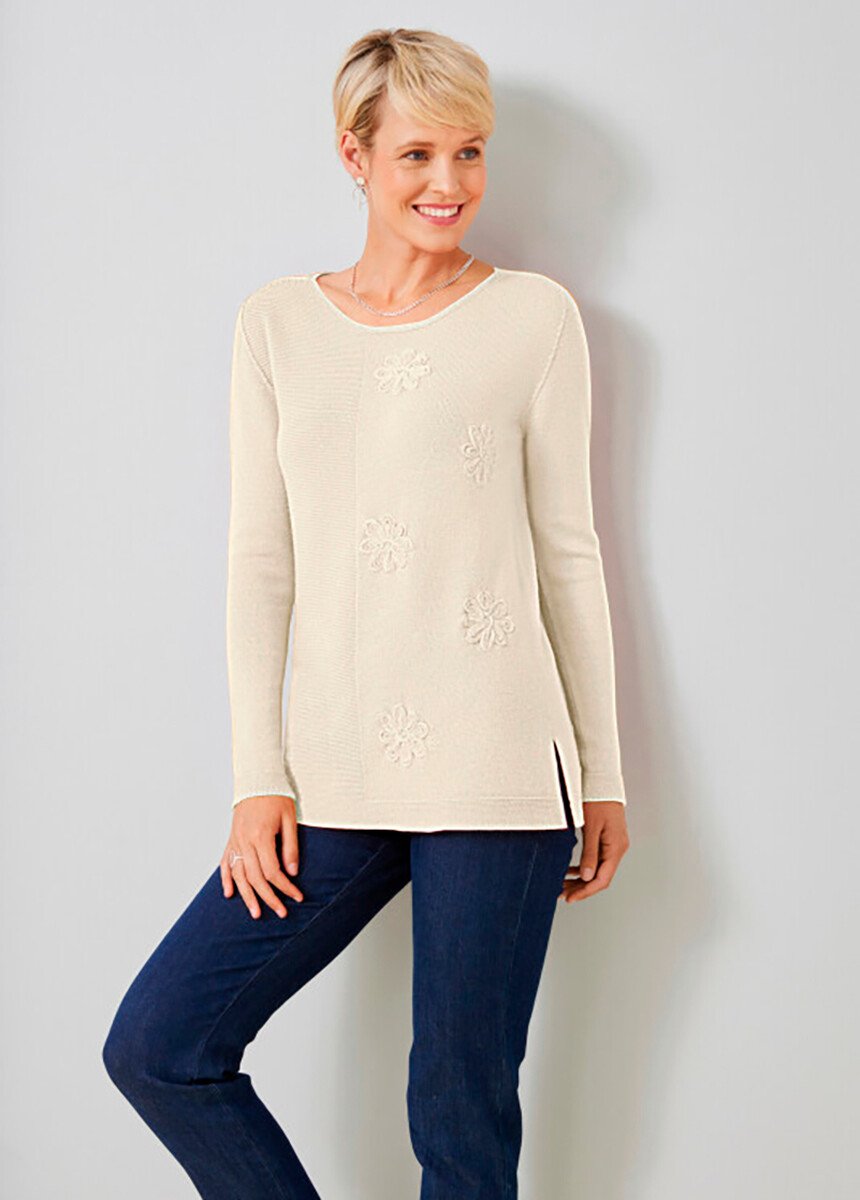 Pull-tunique point mousse et jersey brodé