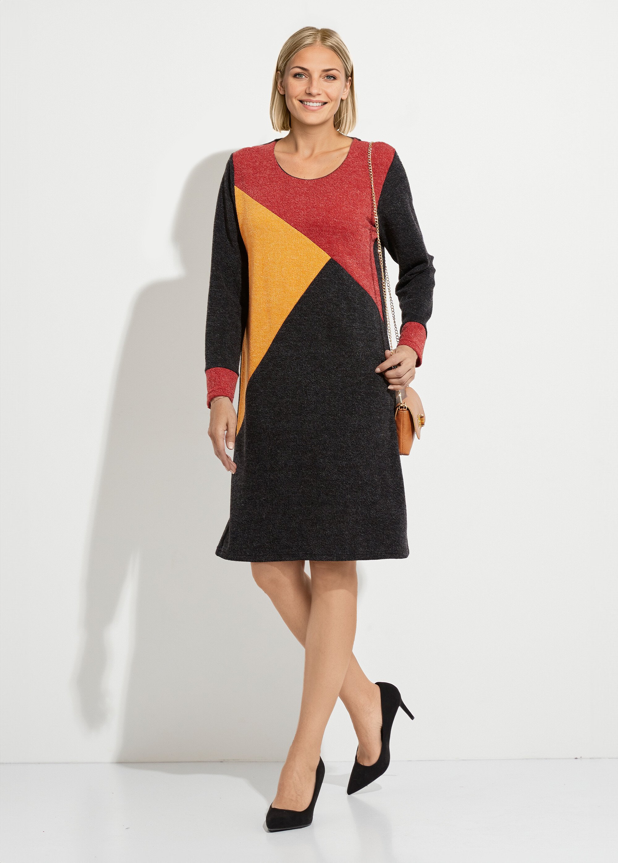 Robe courte droite maille chaude col rond Femme Noir HAPOLINE FA1