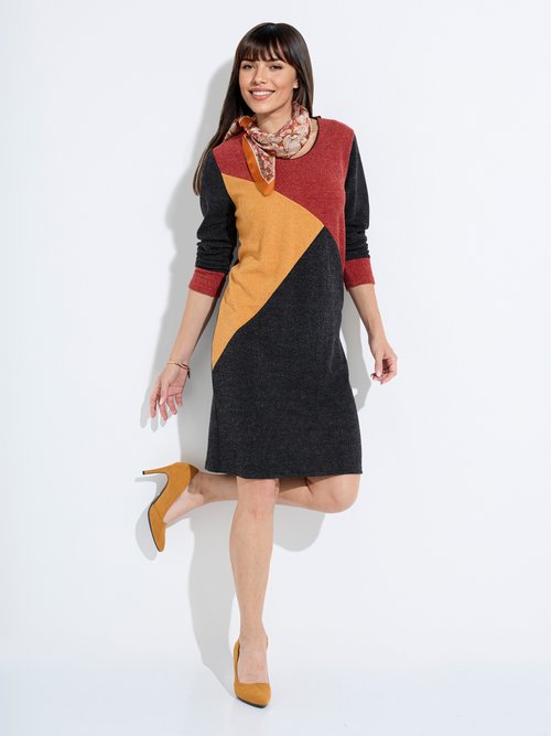 Robe courte droite maille chaude col rond Femme Noir HAPOLINE SF1