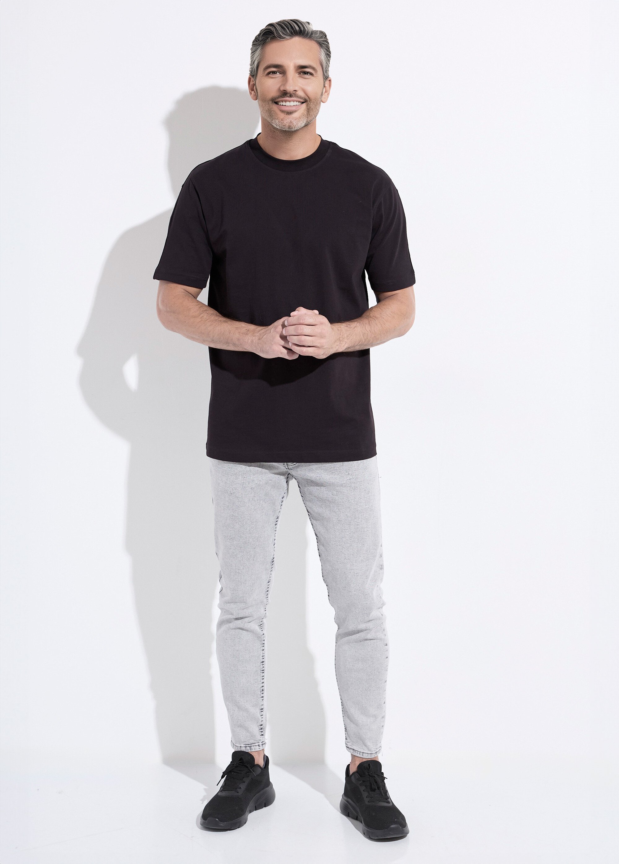 T-shirt col rond en coton épais Homme Noir IKA-LL662 SF1