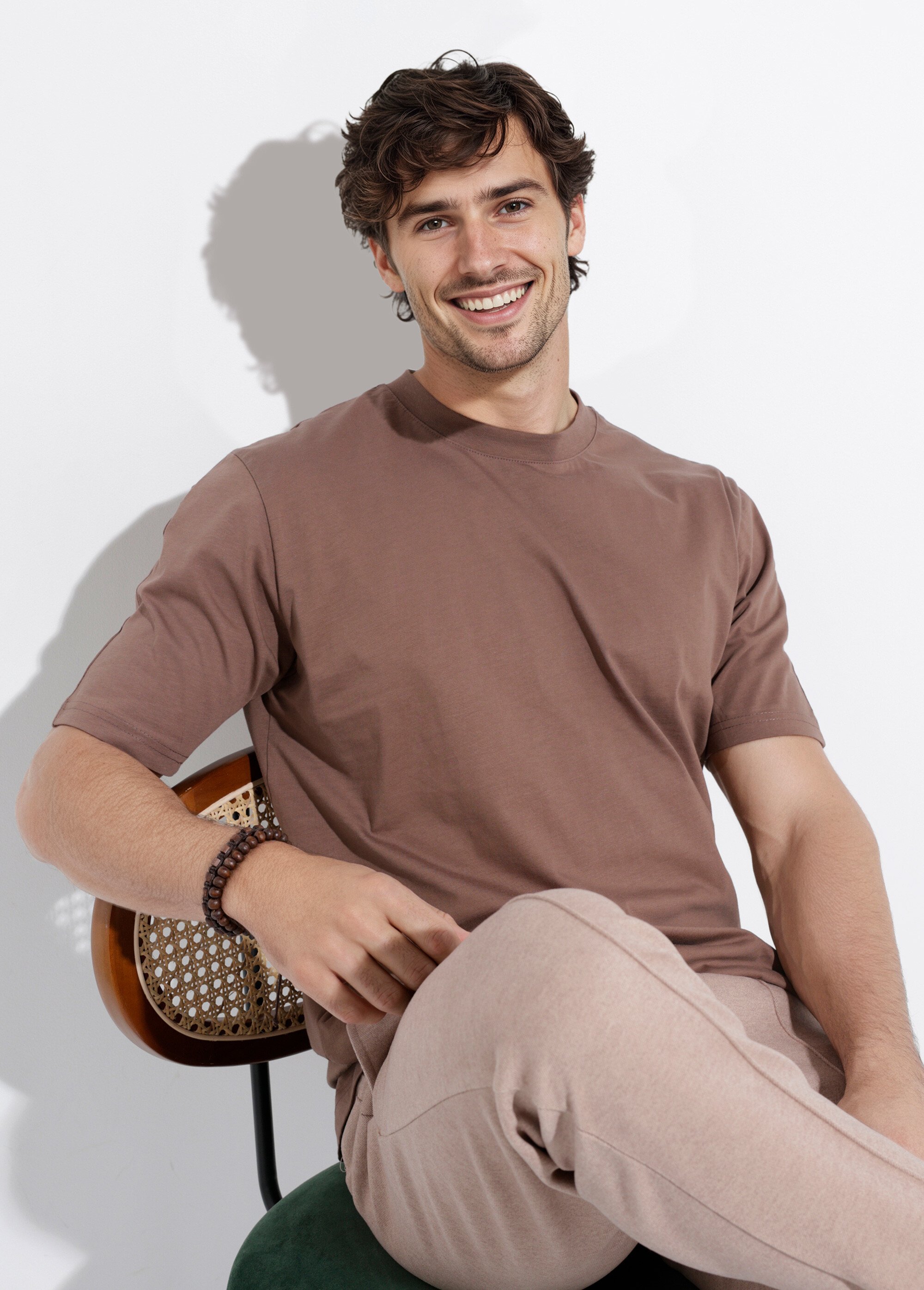 T-shirt col rond en coton épais Homme Marron IKA-LL662 MV1