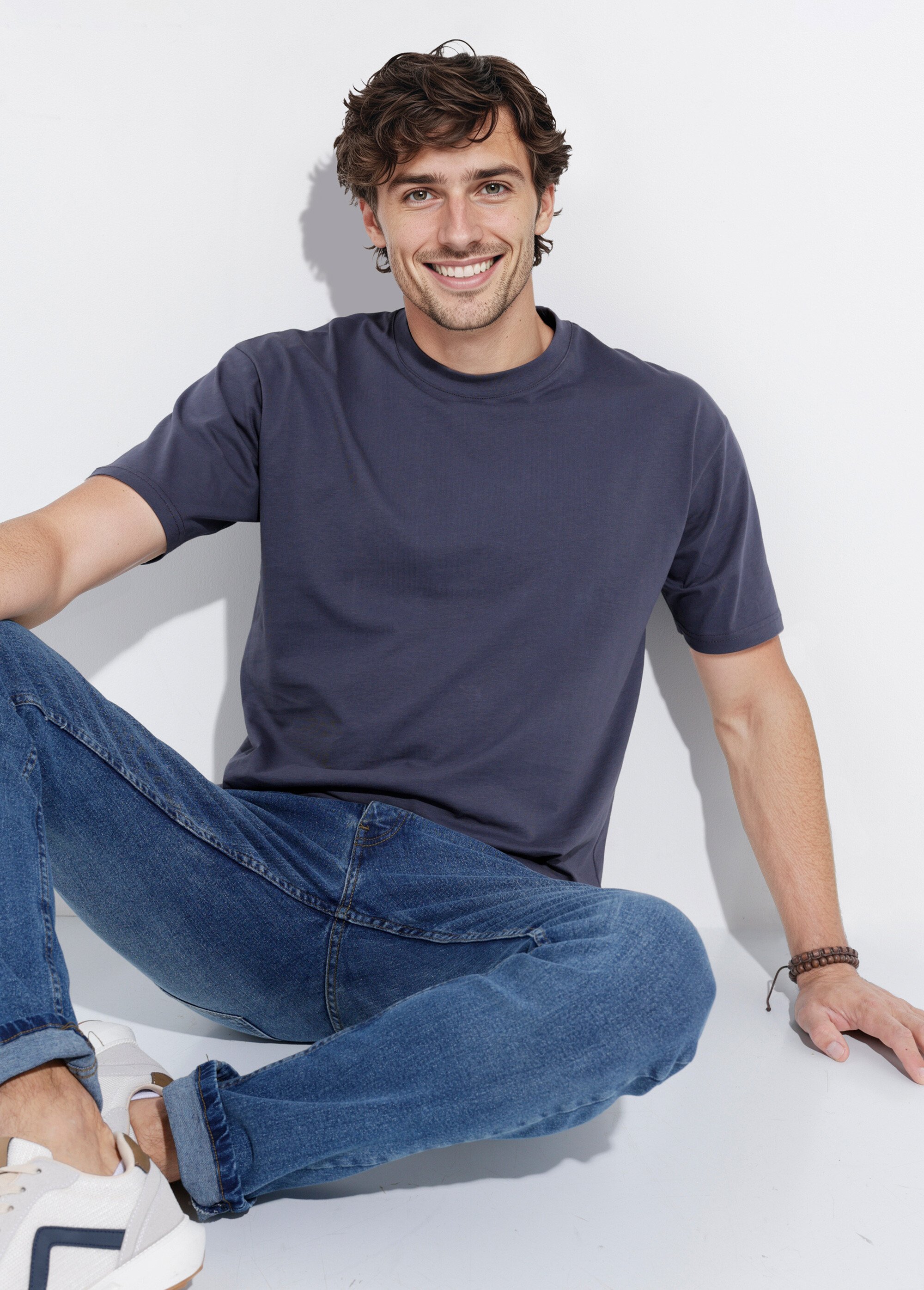 T-shirt col rond en coton épais Homme Bleu IKA-LL662 MV1