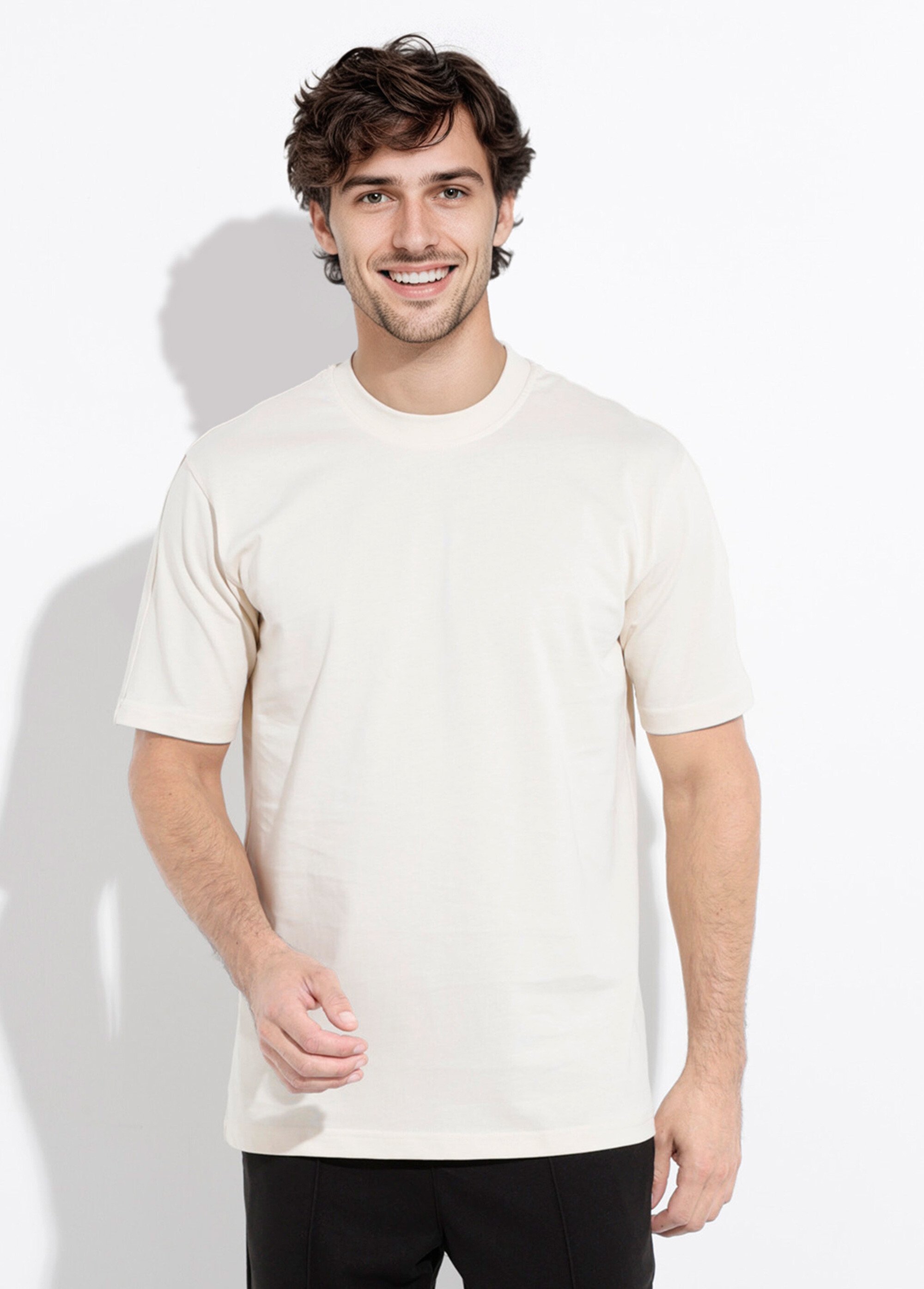 T-shirt col rond en coton épais Homme Beige IKA-LL662 FA1