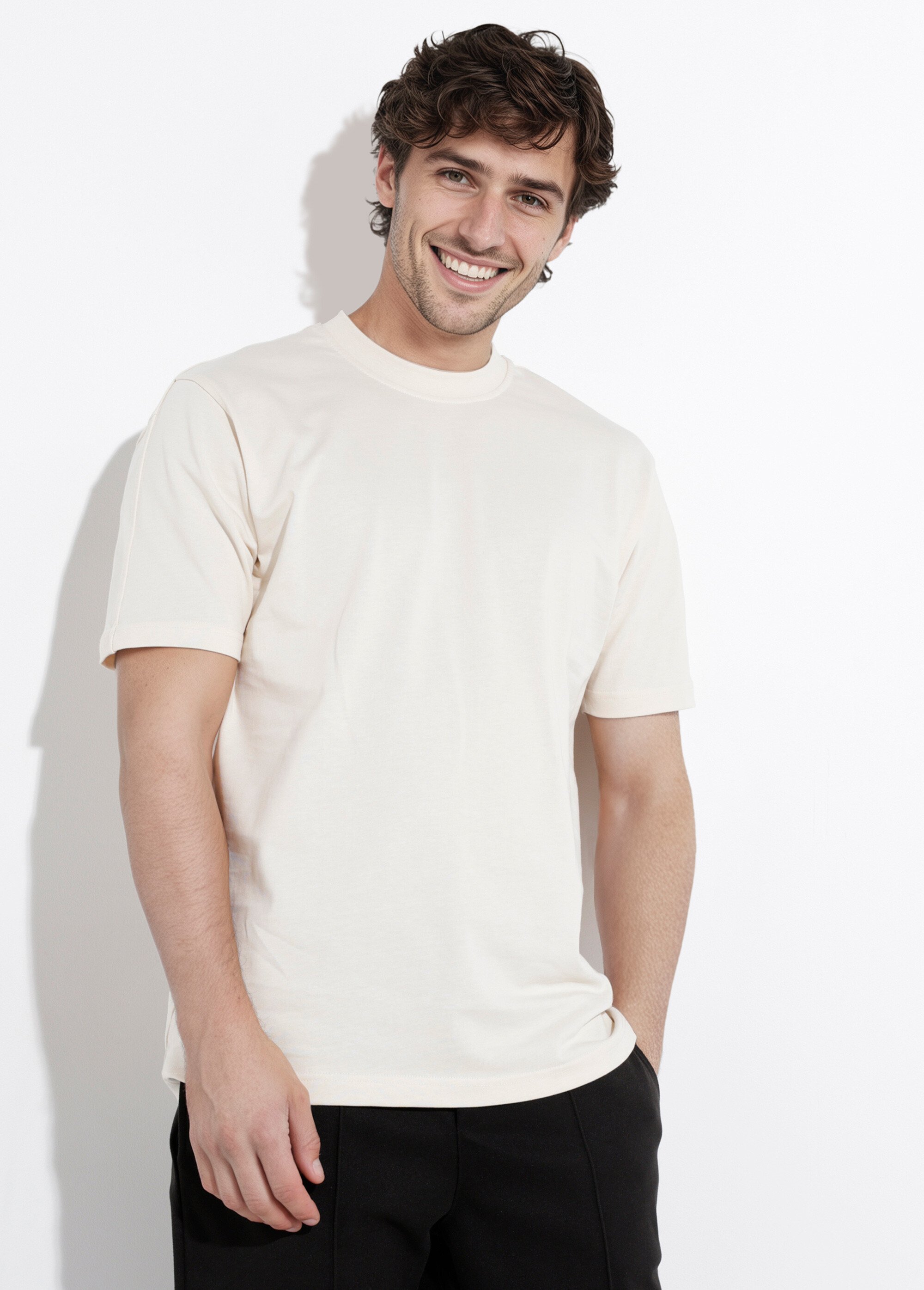 T-shirt col rond en coton épais Homme Beige IKA-LL662 MV1