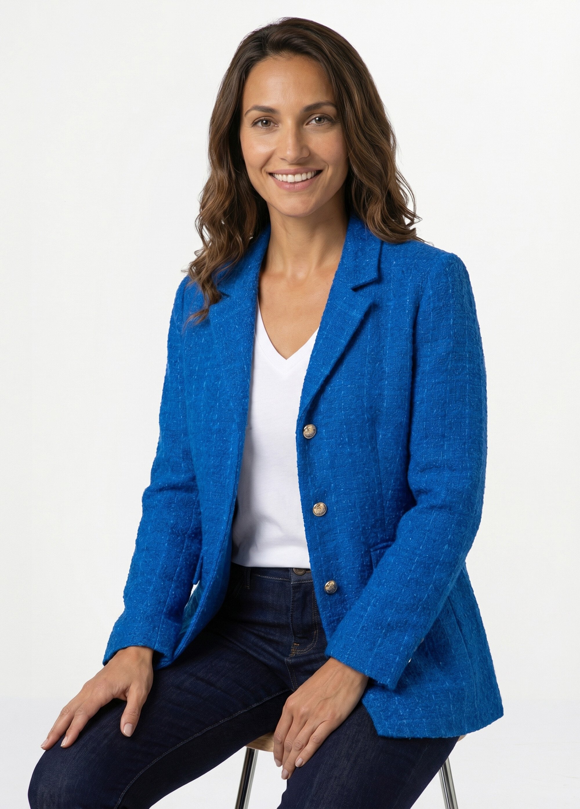 Veste droite boutonnée tissu natté col tailleur Femme Bleu TILLOY MV1