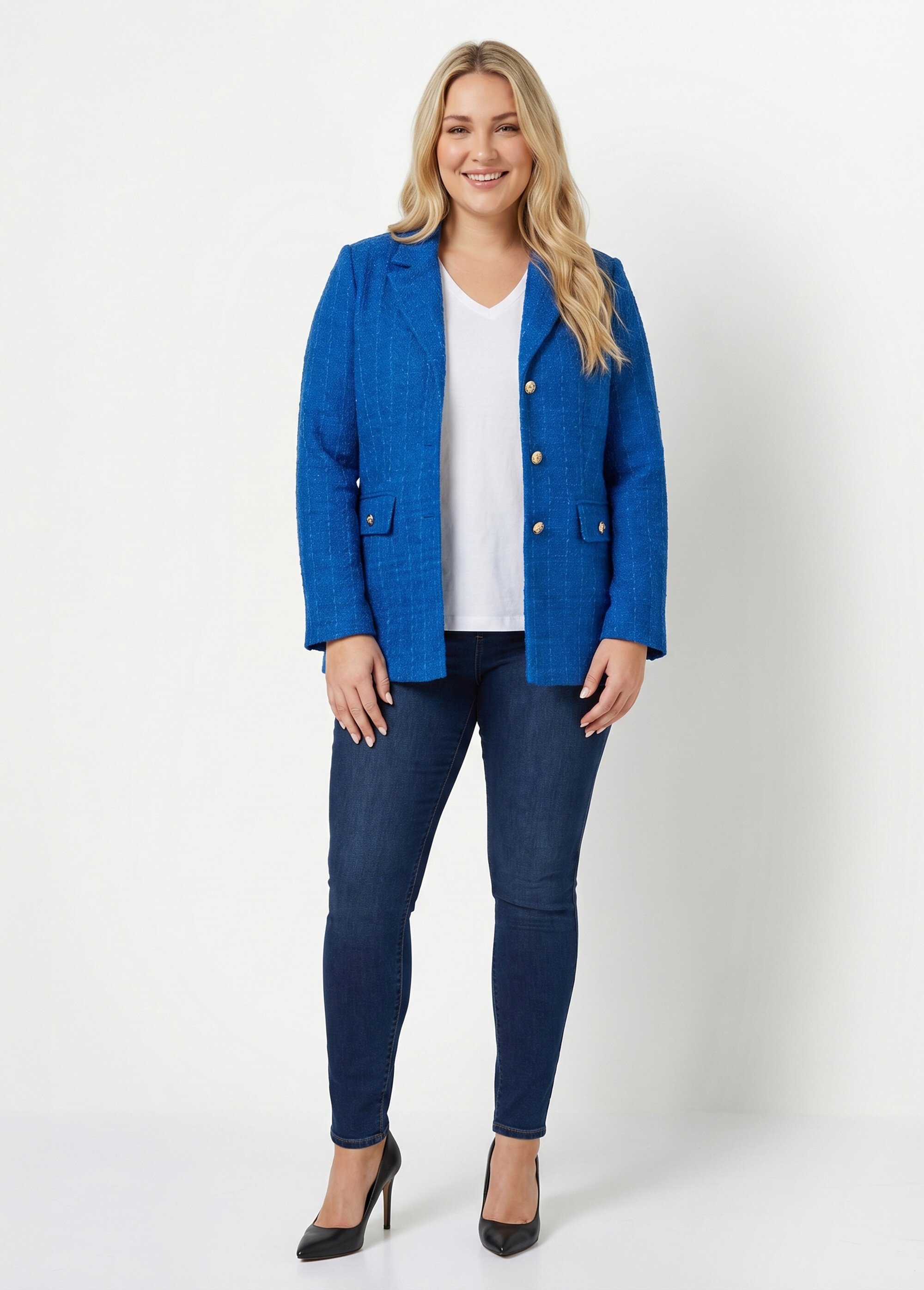 Veste droite boutonnée tissu natté col tailleur Femme Grande Taille Bleu TILLOY SI1