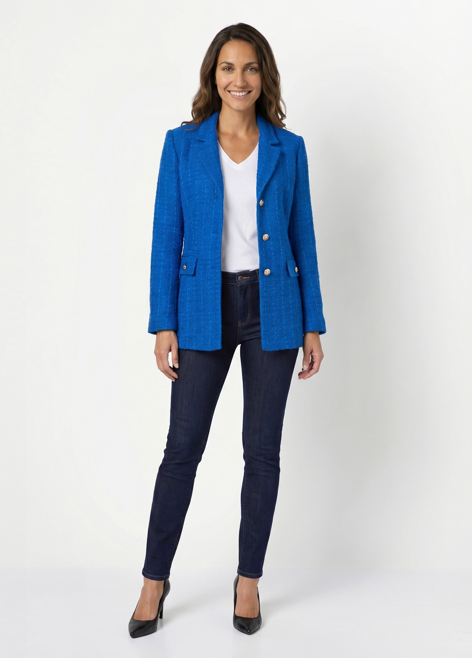 Veste droite boutonnée tissu natté col tailleur Femme Bleu TILLOY SI1