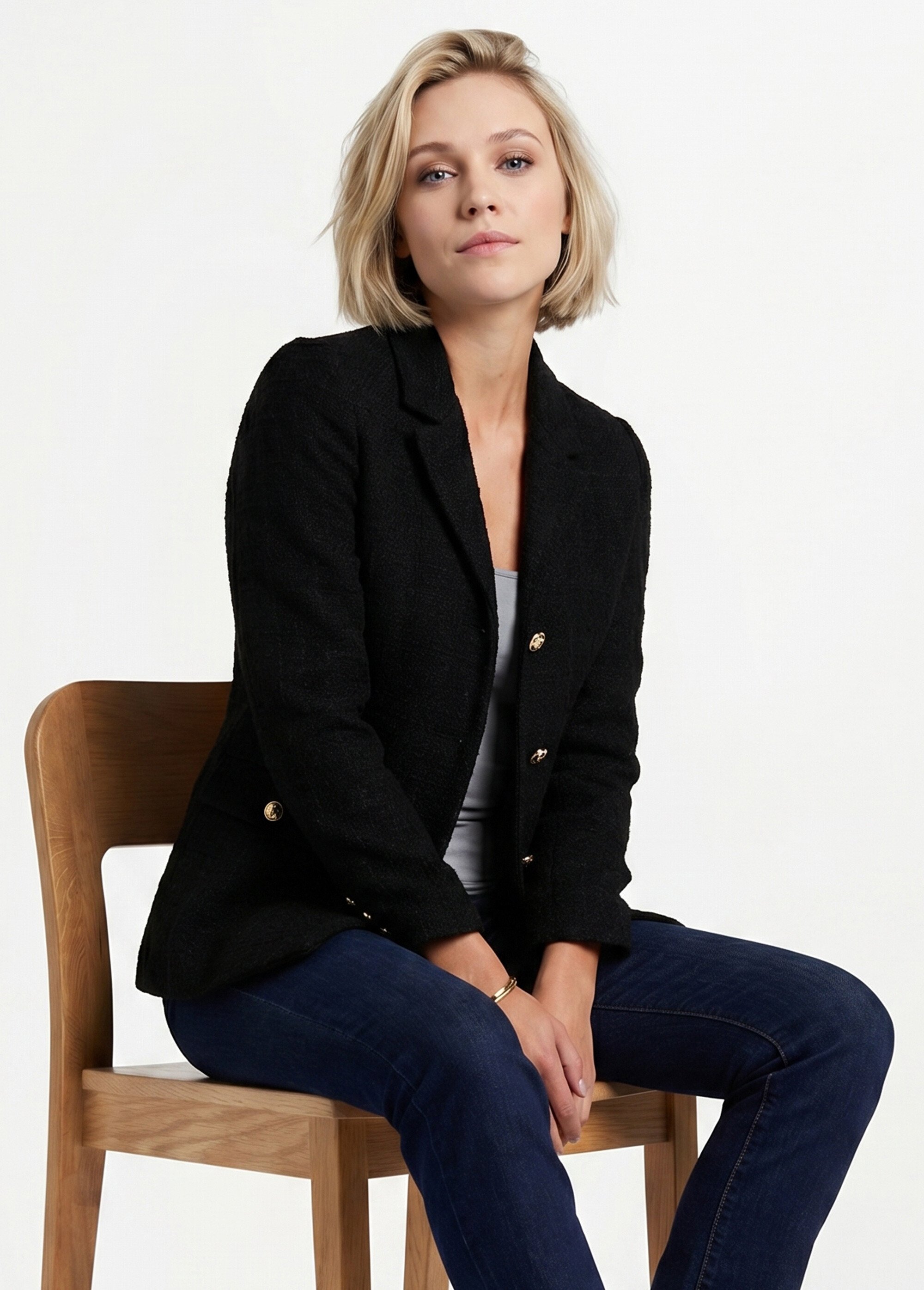 Veste droite boutonnée tissu natté col tailleur