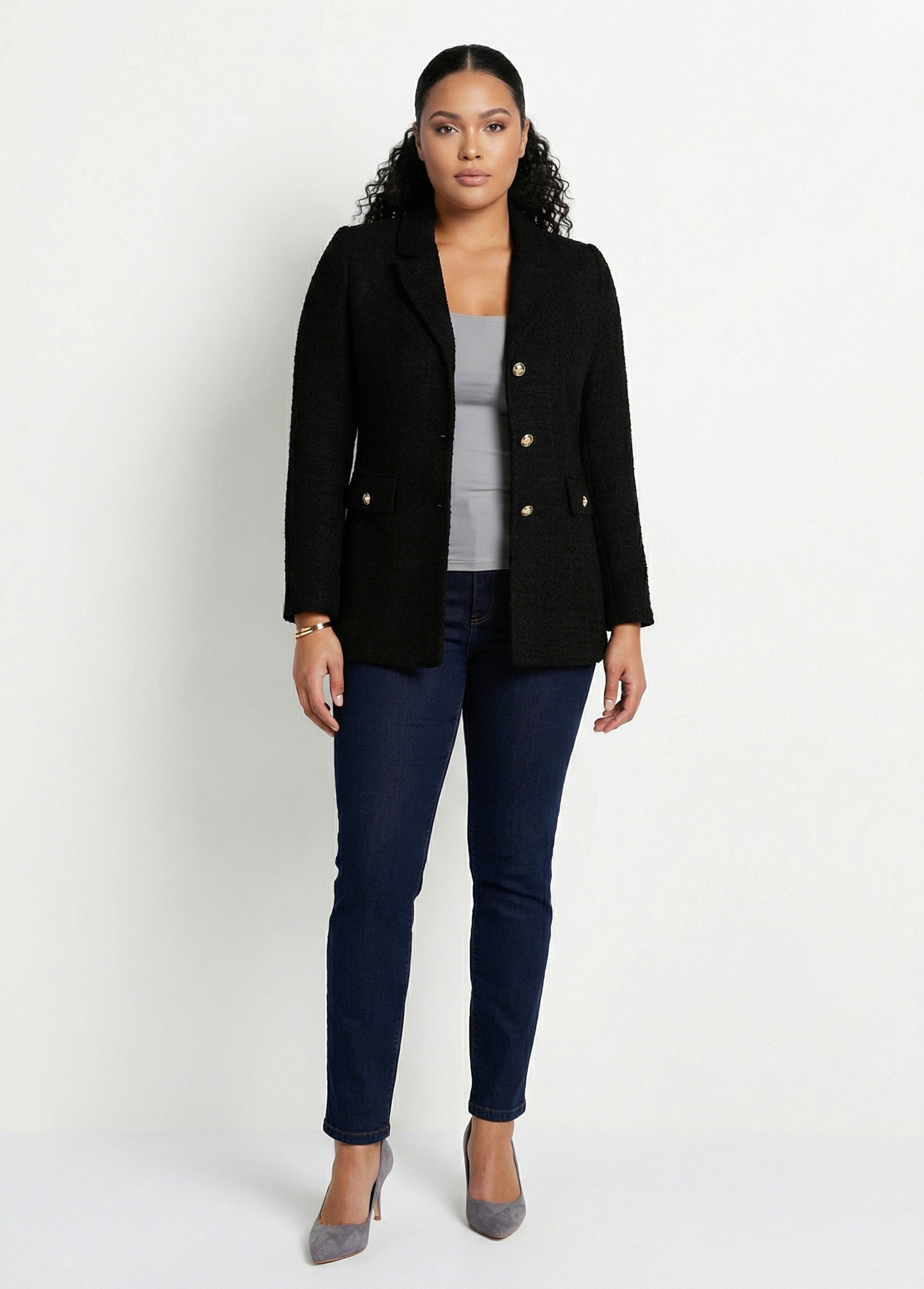 Veste droite boutonnée tissu natté col tailleur Femme Grande Taille Noir TILLOY SI1
