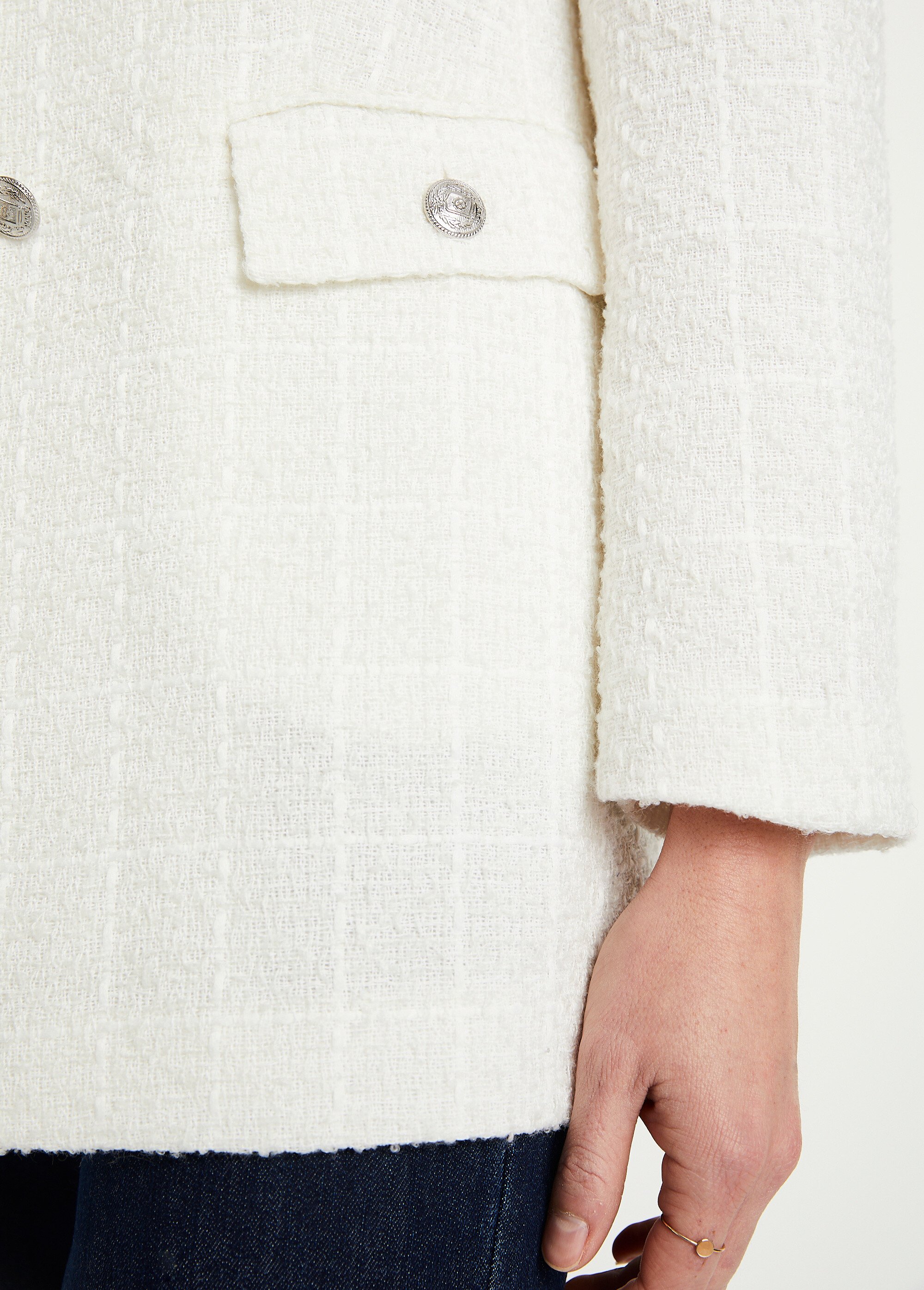 Veste droite boutonnée tissu natté col tailleur