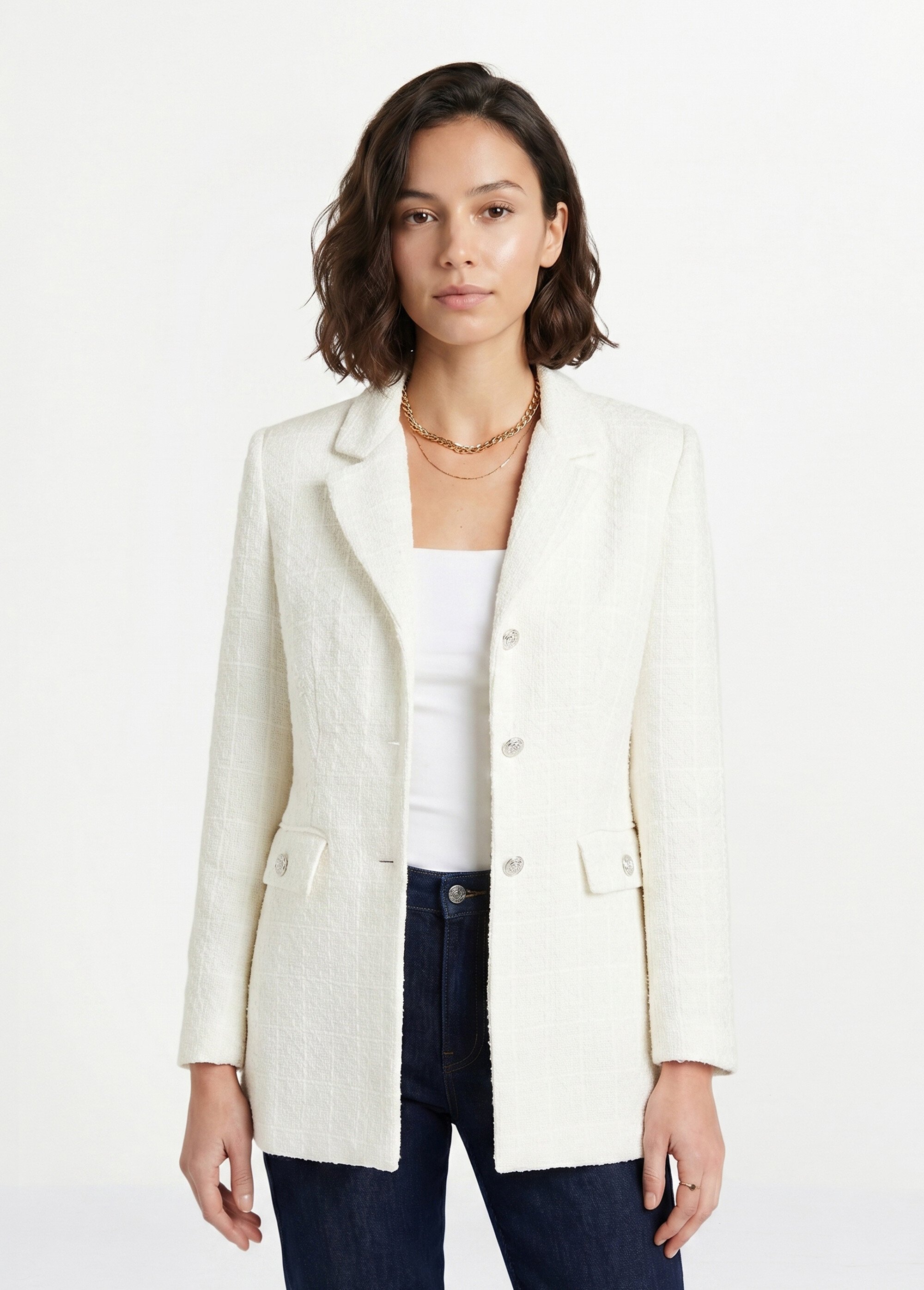 Veste droite boutonnée tissu natté col tailleur Femme Beige TILLOY FA1
