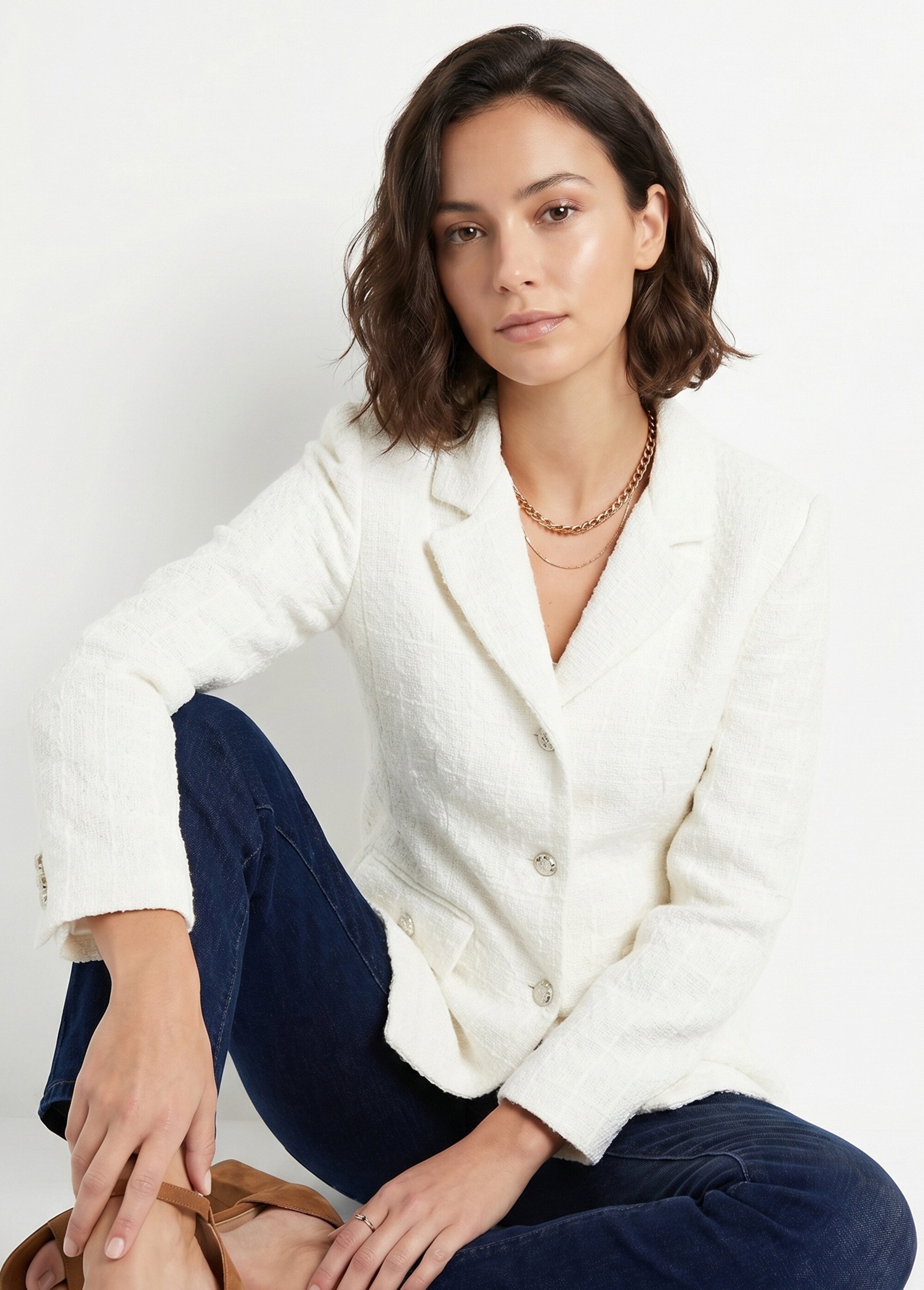 Veste droite boutonnée tissu natté col tailleur