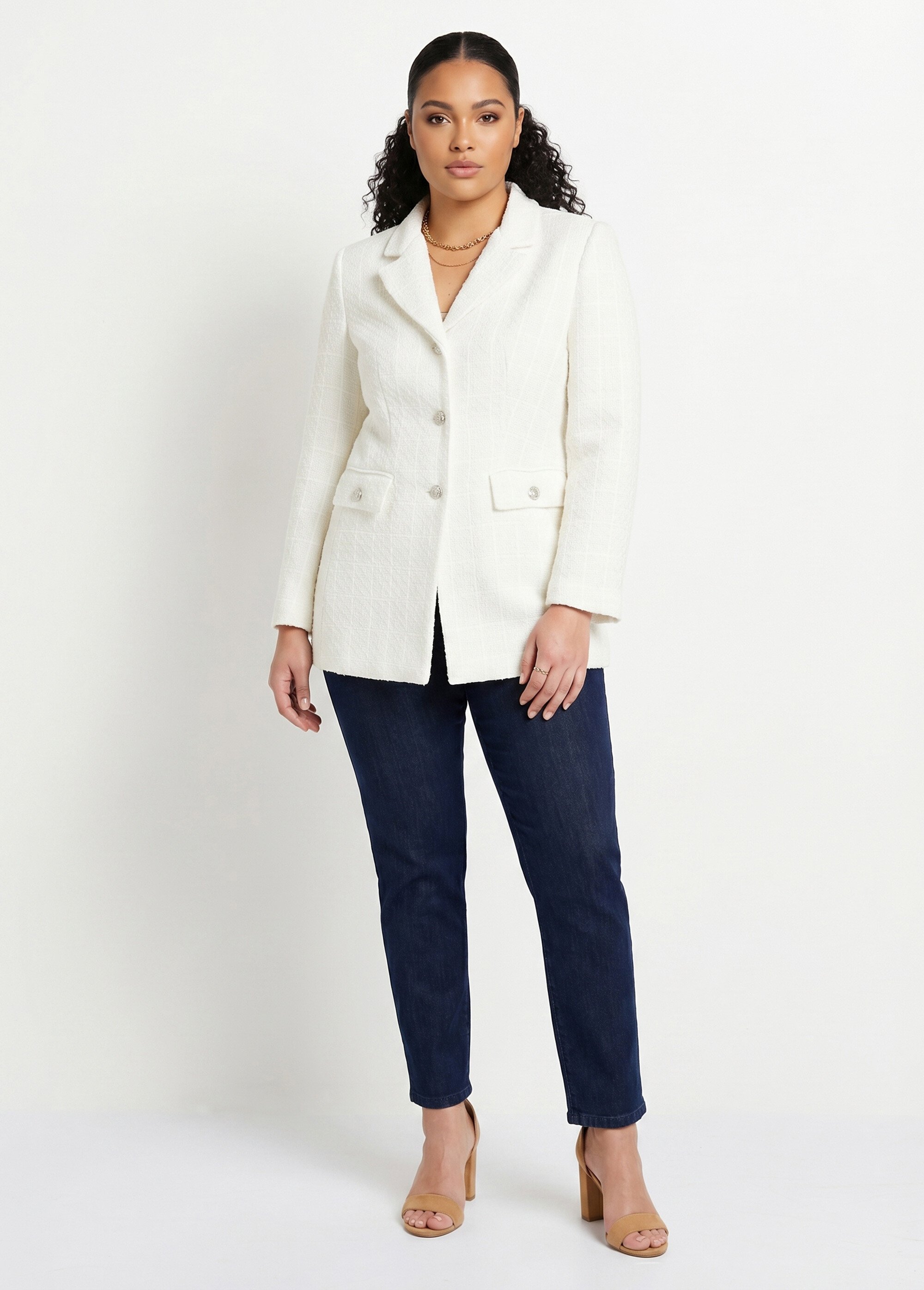 Veste droite boutonnée tissu natté col tailleur Femme Grande Taille Beige TILLOY SI1