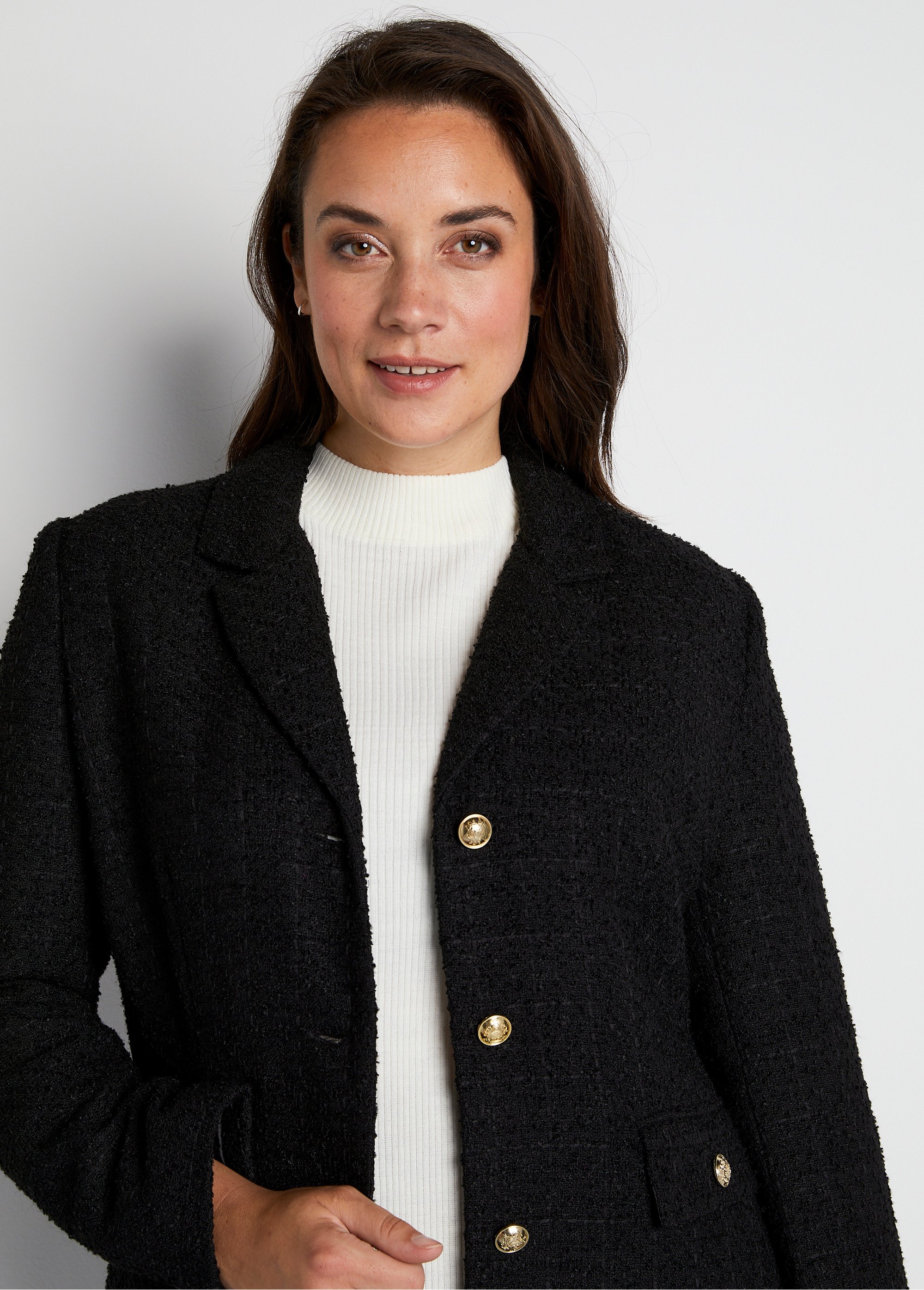 Veste droite boutonnée tissu natté col tailleur