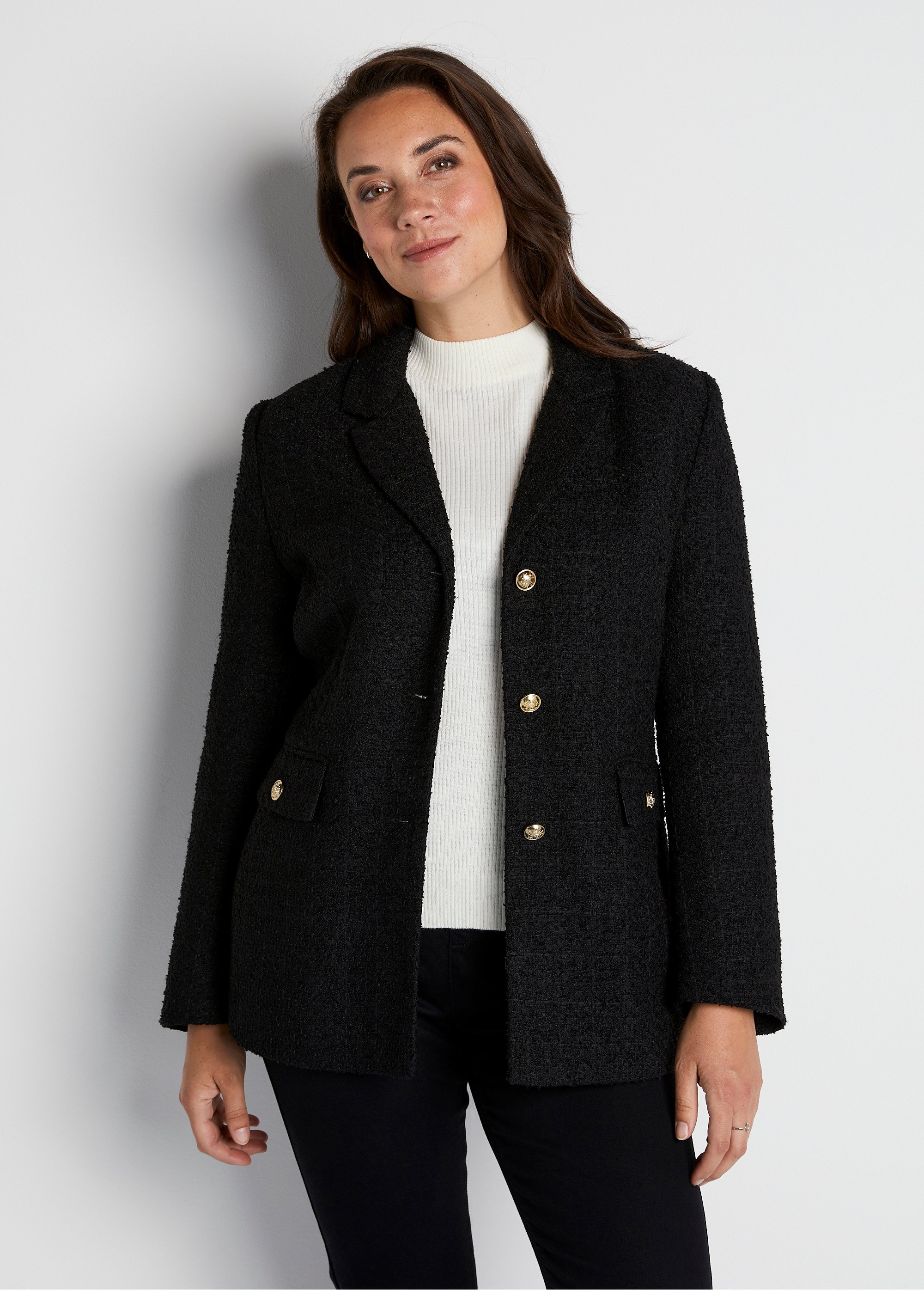 Veste droite boutonnée tissu natté col tailleur