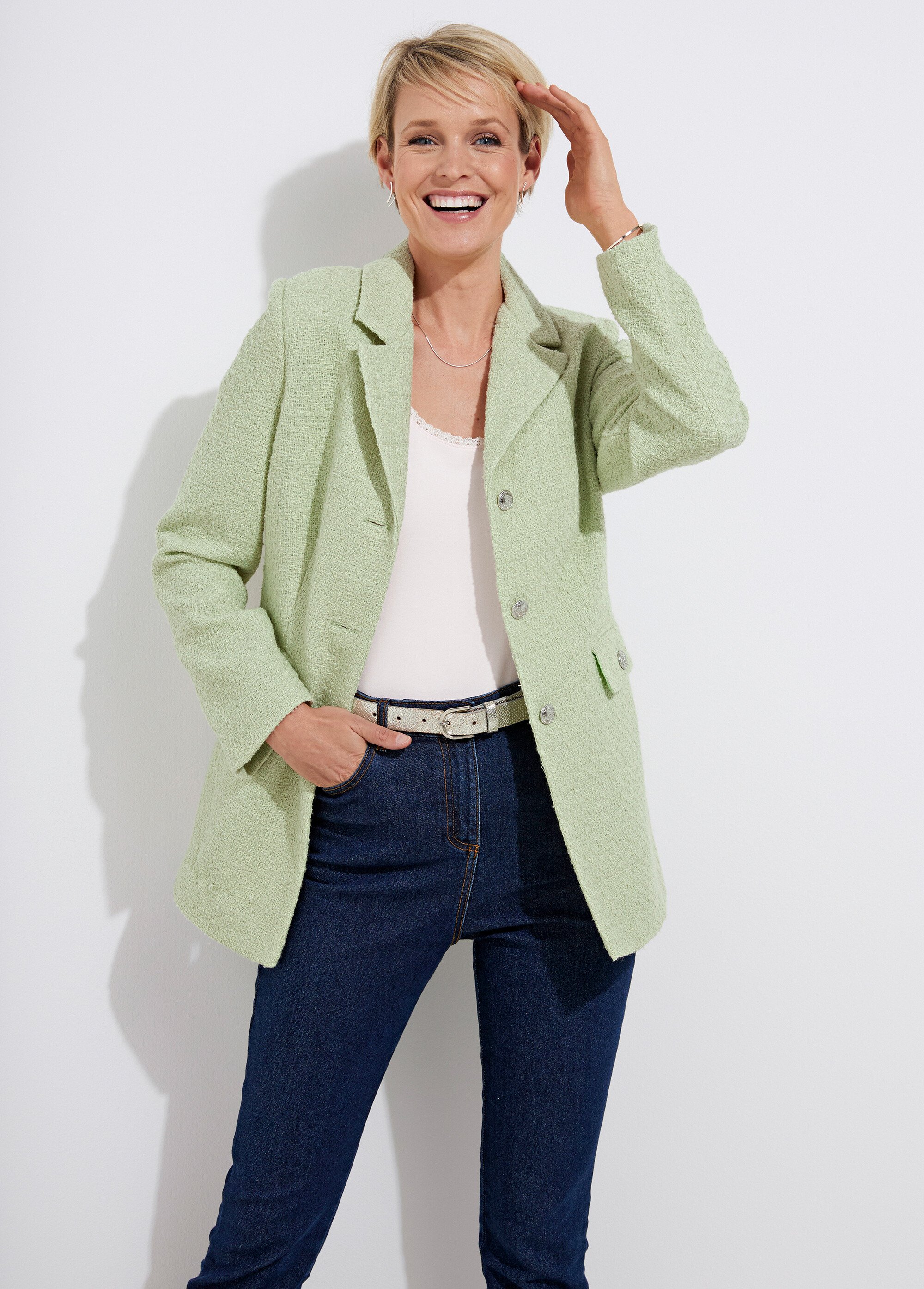 Veste droite boutonnée tissu natté col tailleur