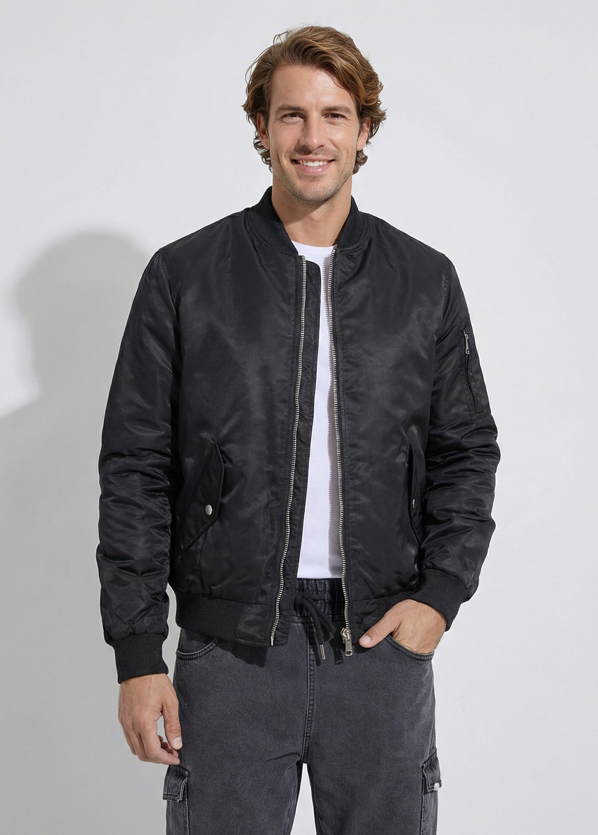 Blouson bomber satiné zip métal Homme Noir FRIQQ161S98-1 FA1