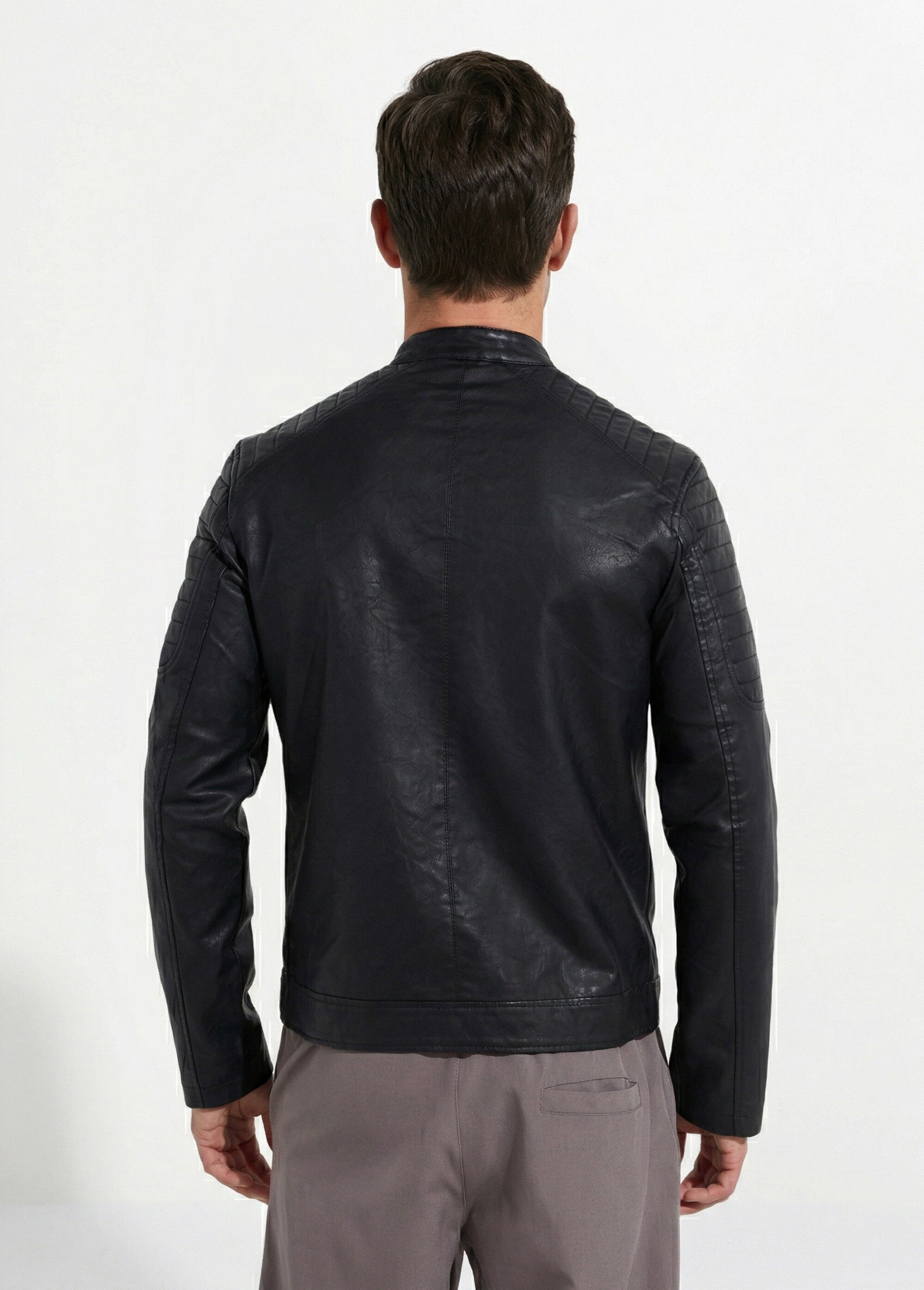 Blouson motard simili cuir détails zippés Homme Noir FRIL935-1 DO1