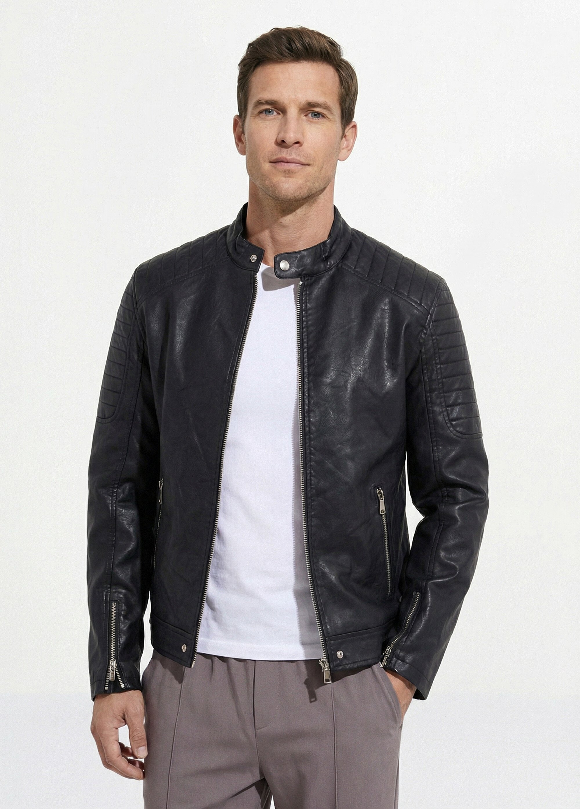 Blouson motard simili cuir détails zippés Homme Noir FRIL935-1 FA1